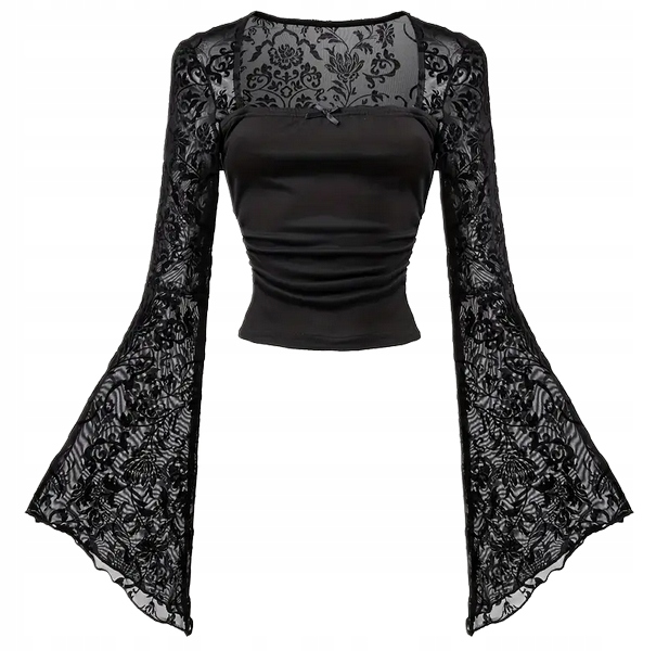 Bluzka Koszulka gotycka ażurowa W Czarne Kwiaty, punk-rockowa czarna XS(34)