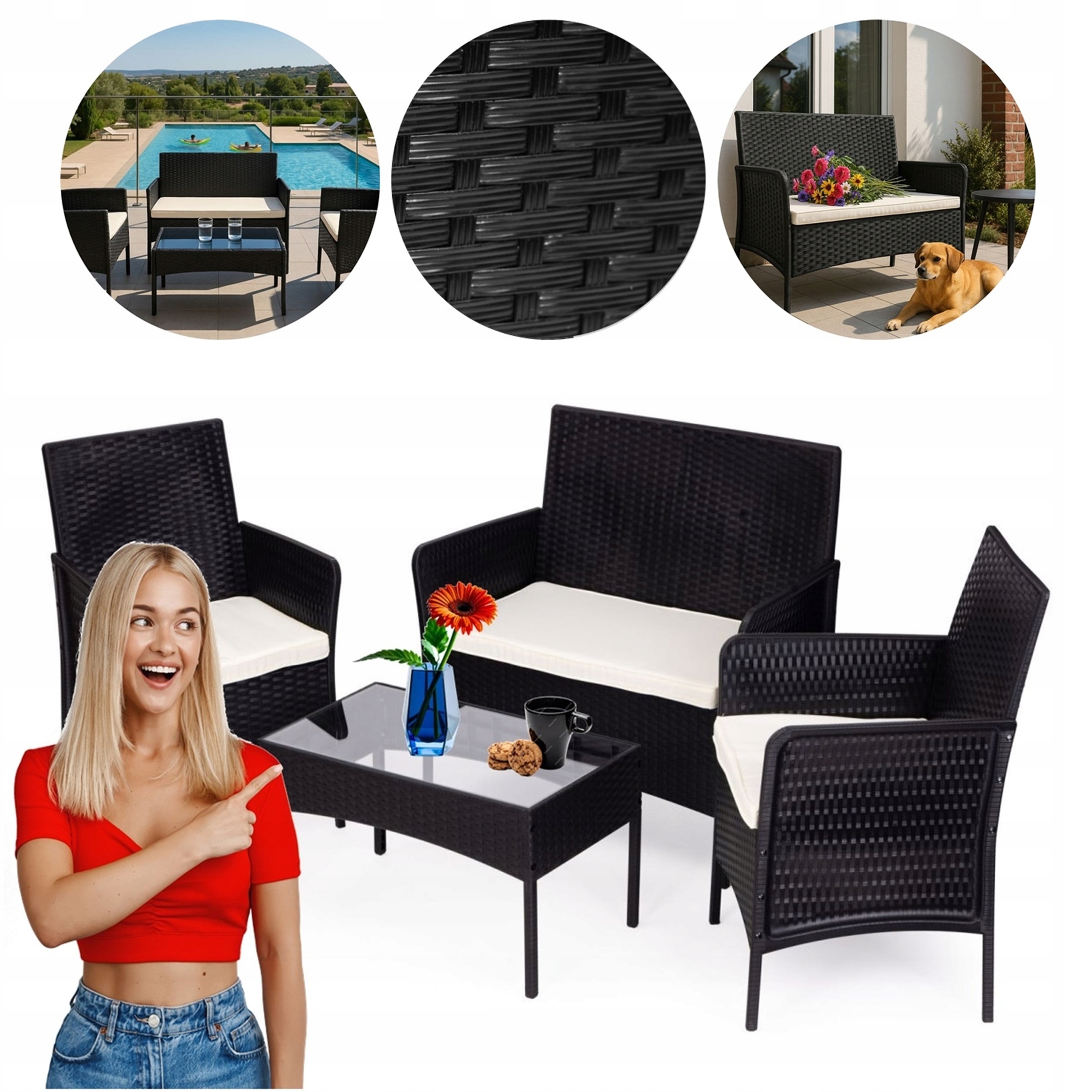 Meble Ogrodowe Zestaw Komplet Mebli Ogrodowych Stół Ławka Fotele Czarny