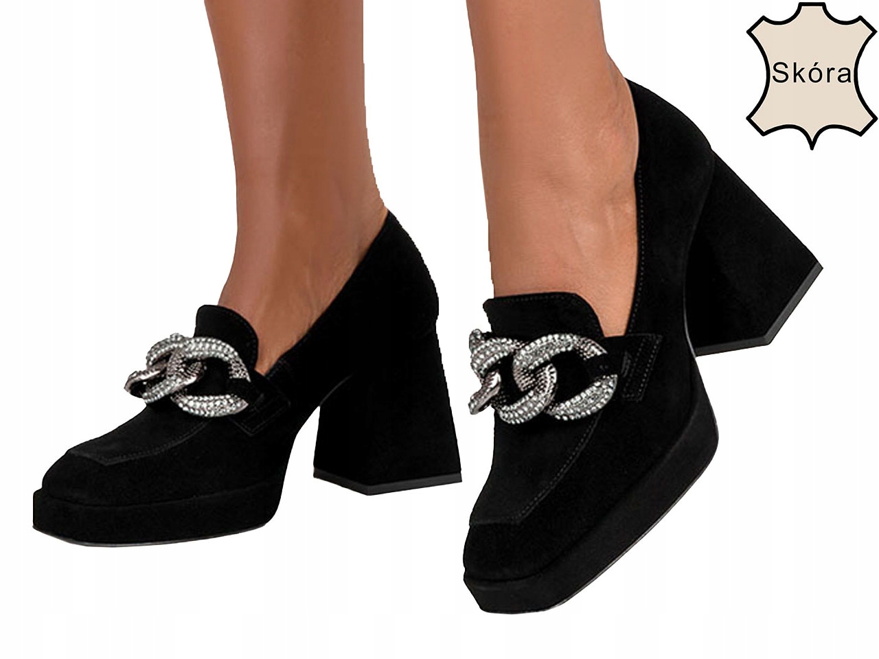 MOKASYNY NA KLOCKU Z OZDOBNYM ŁAŃCUCHEM SKÓRA r 40