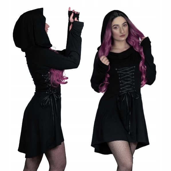Asymetrické gotické šněrovací korzetové Šaty S Kapucí kapucí na Halloween