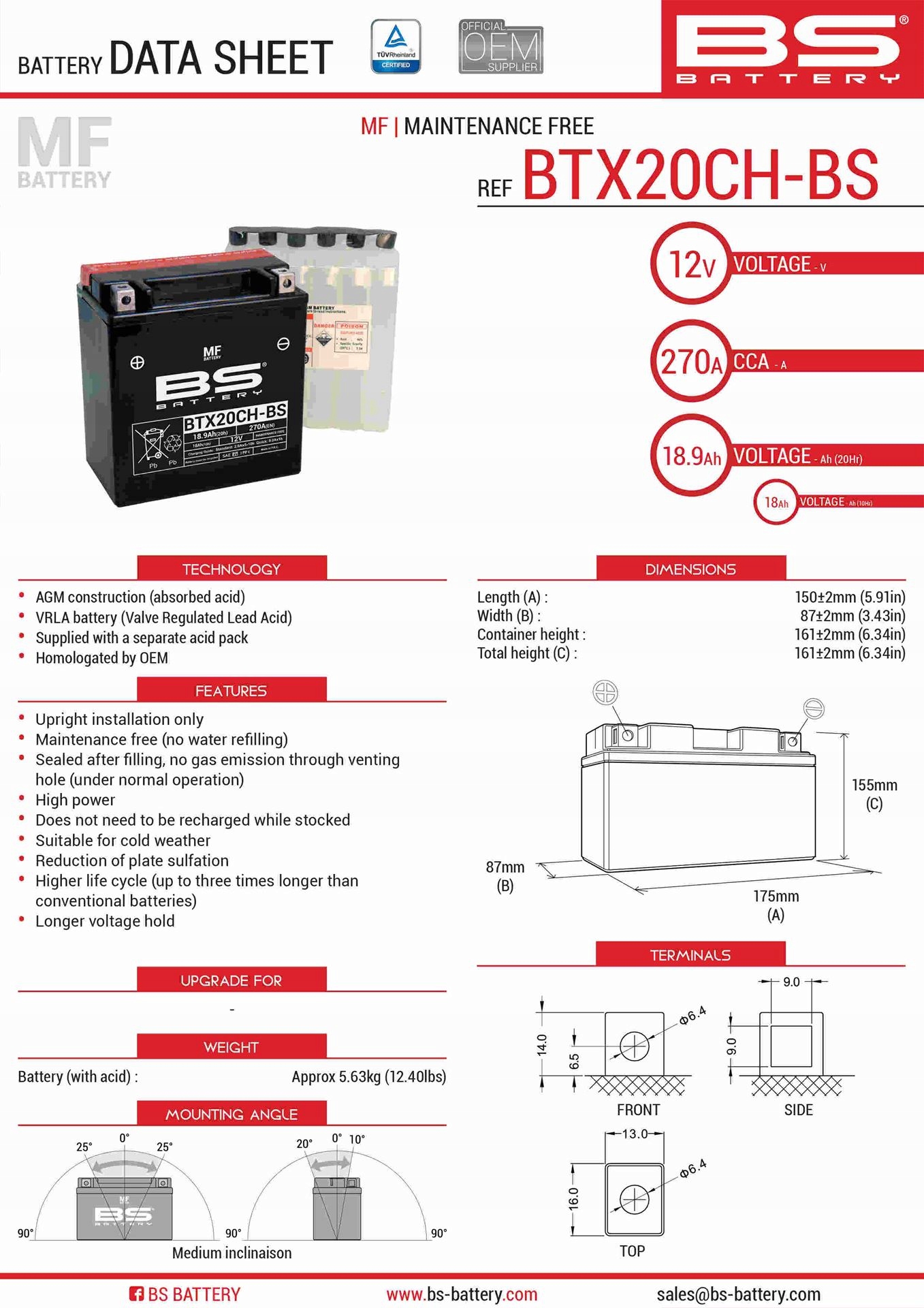 Bs Batéria BTX20CH-BS (YTX20CH-BS, YTX20A-BS) 12V 18AH 150X87X161 Bezobs