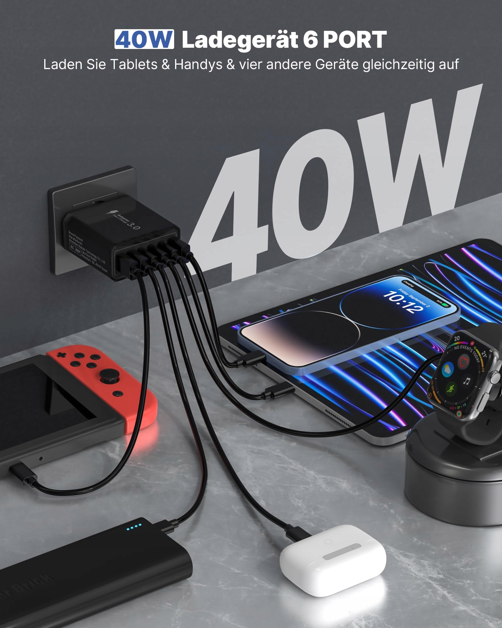 Ładowarka USB C, 6 portów USB C, zasilacz 40 W — miniatura 2