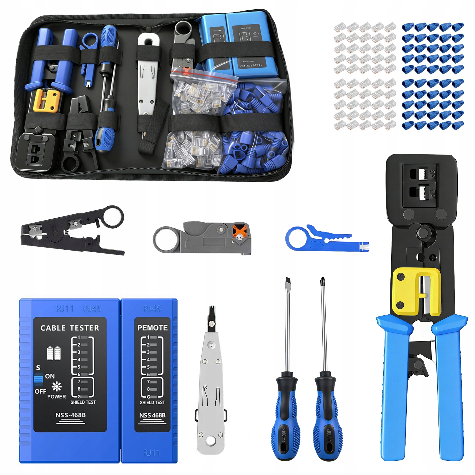 Sada síťových nástrojů RJ45 tester krimpovač Lsa 50 zástrček