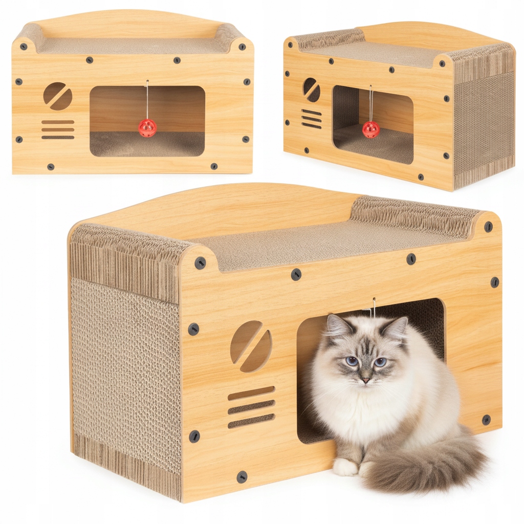 Škrabací Stoupky Pro Kočky Pelíšek Domu S Hračkou Ekologická Mdf Coil 50x24x32