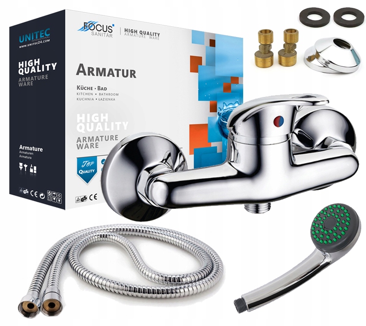 BATERIA PRYSZNICOWA ŚCIENNA CHROM NATRYSK ZESTAW + WĄŻ SŁUCHAWKA DO KABIN