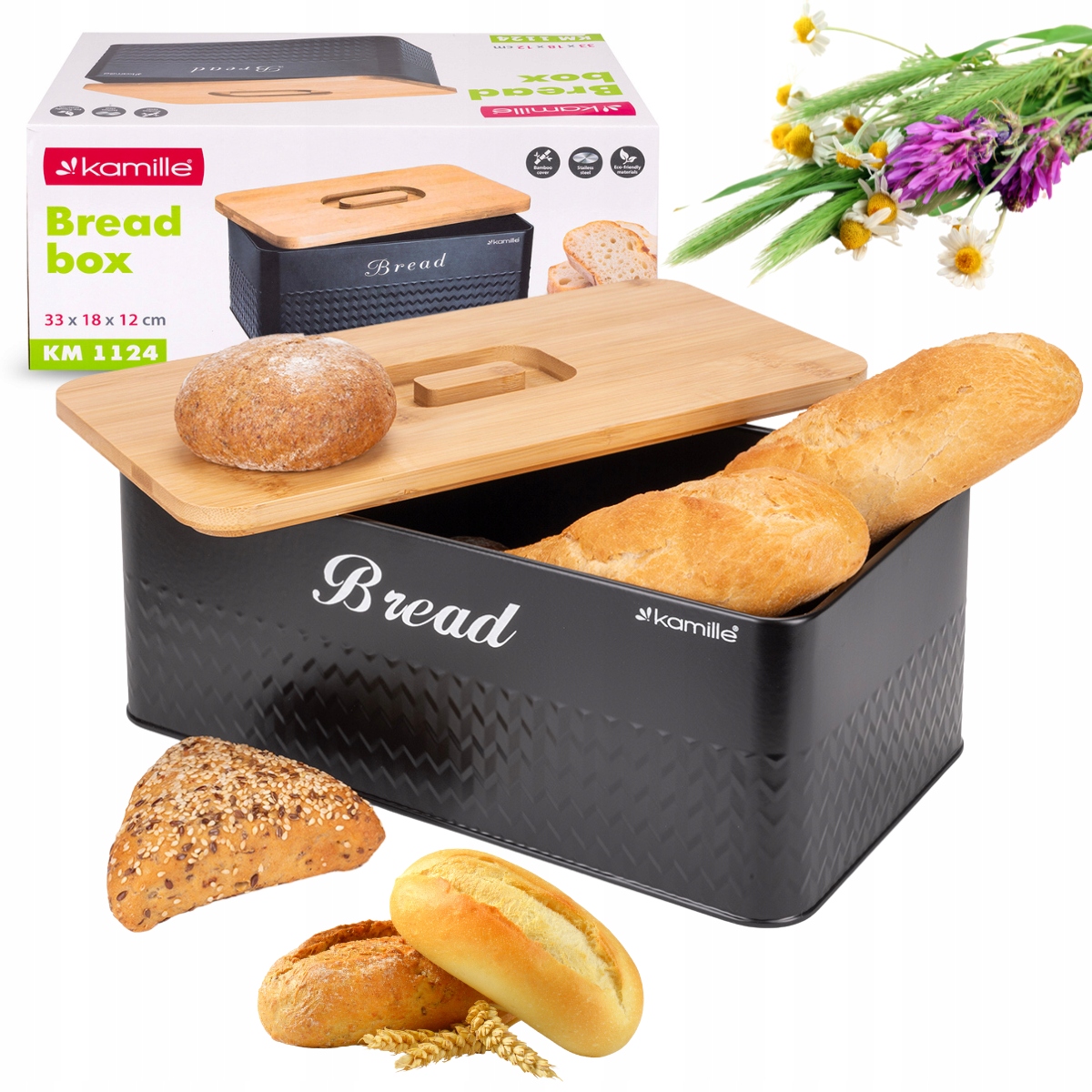 CHLEBAK POJEMNIK na CHLEB ŚWIEŻE PIECZYWO BUŁKI Z DESKĄ DO KROJENIA KAMILLE