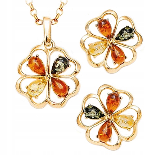 Zlatý Komplet jetel z Jantaru ze stříbra Řetízek dárek Na Velikonoce