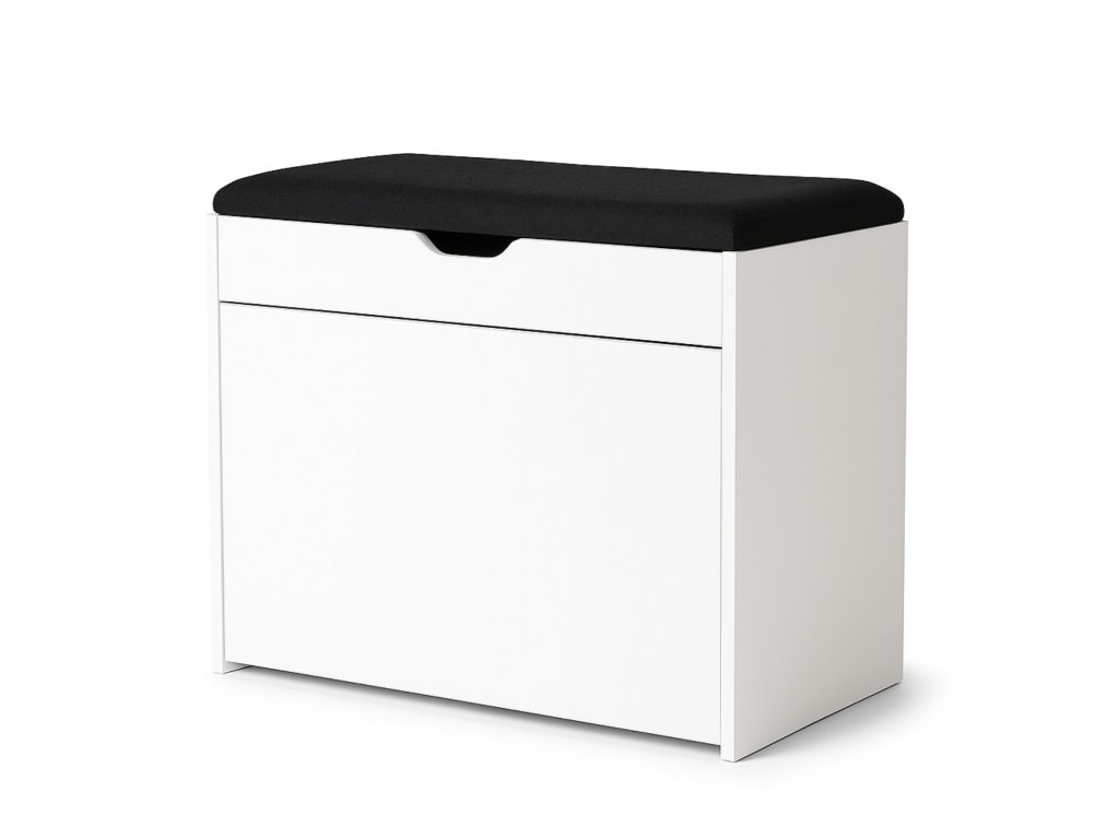 Botník bílý se sedákem a výsuvnými policemi Scala, 57 x 30 x 53 cm