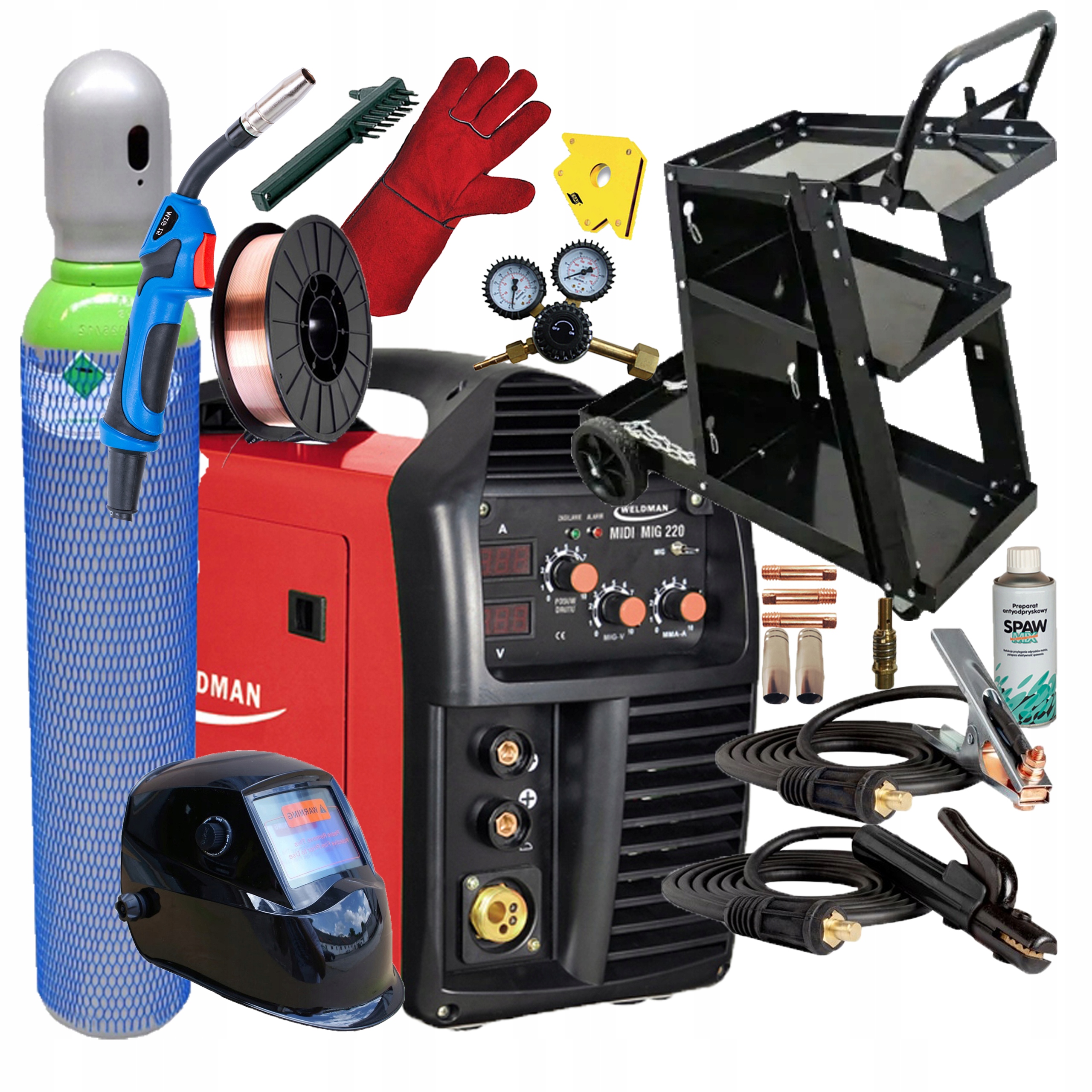 Migomat Spawarka Weldman MIDI Mig 220 220A Mma Tig 3W1 Zestaw Wózek
