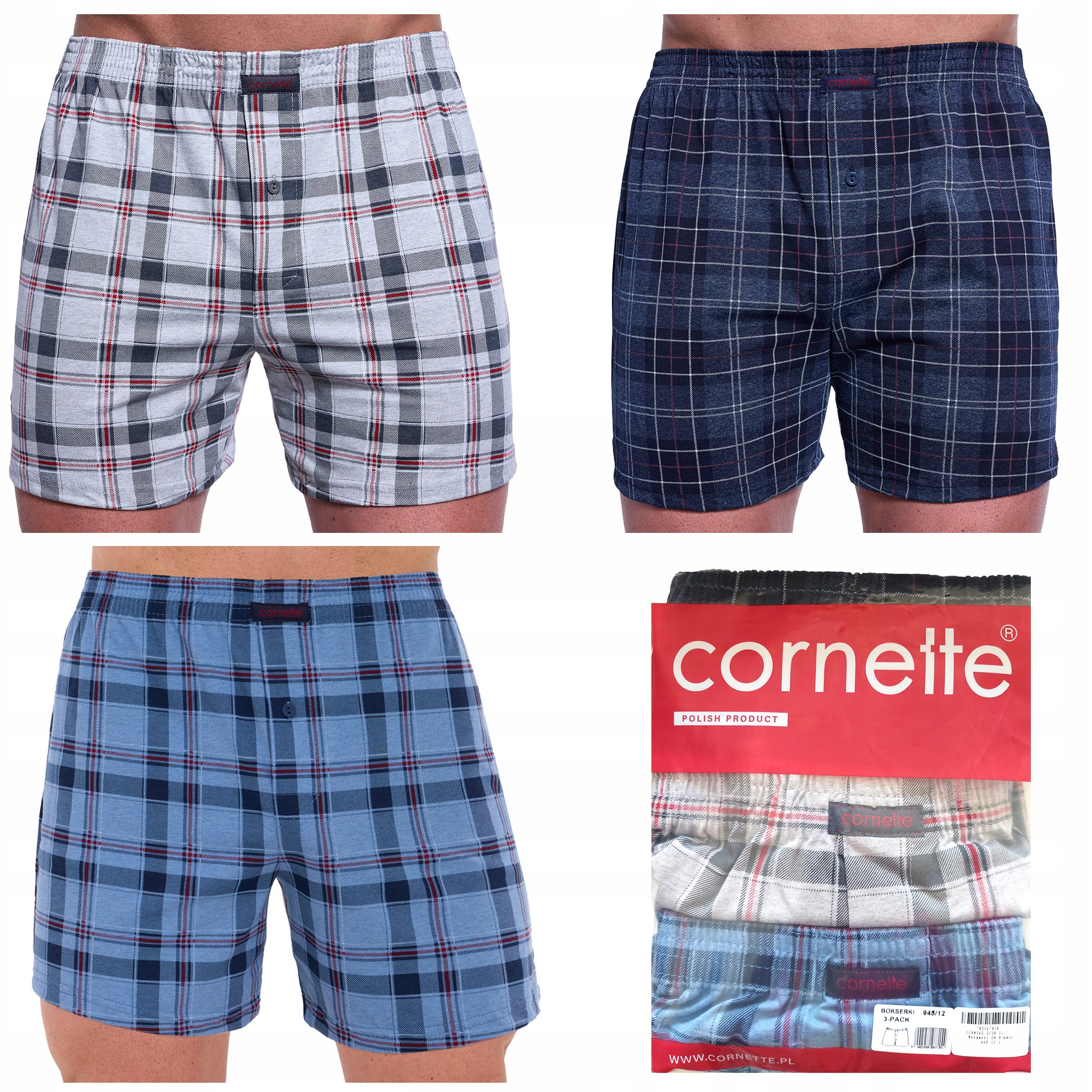 Bokserki męskie bawełniane luźne Cornette 945/12 w kratkę 3 pak XL