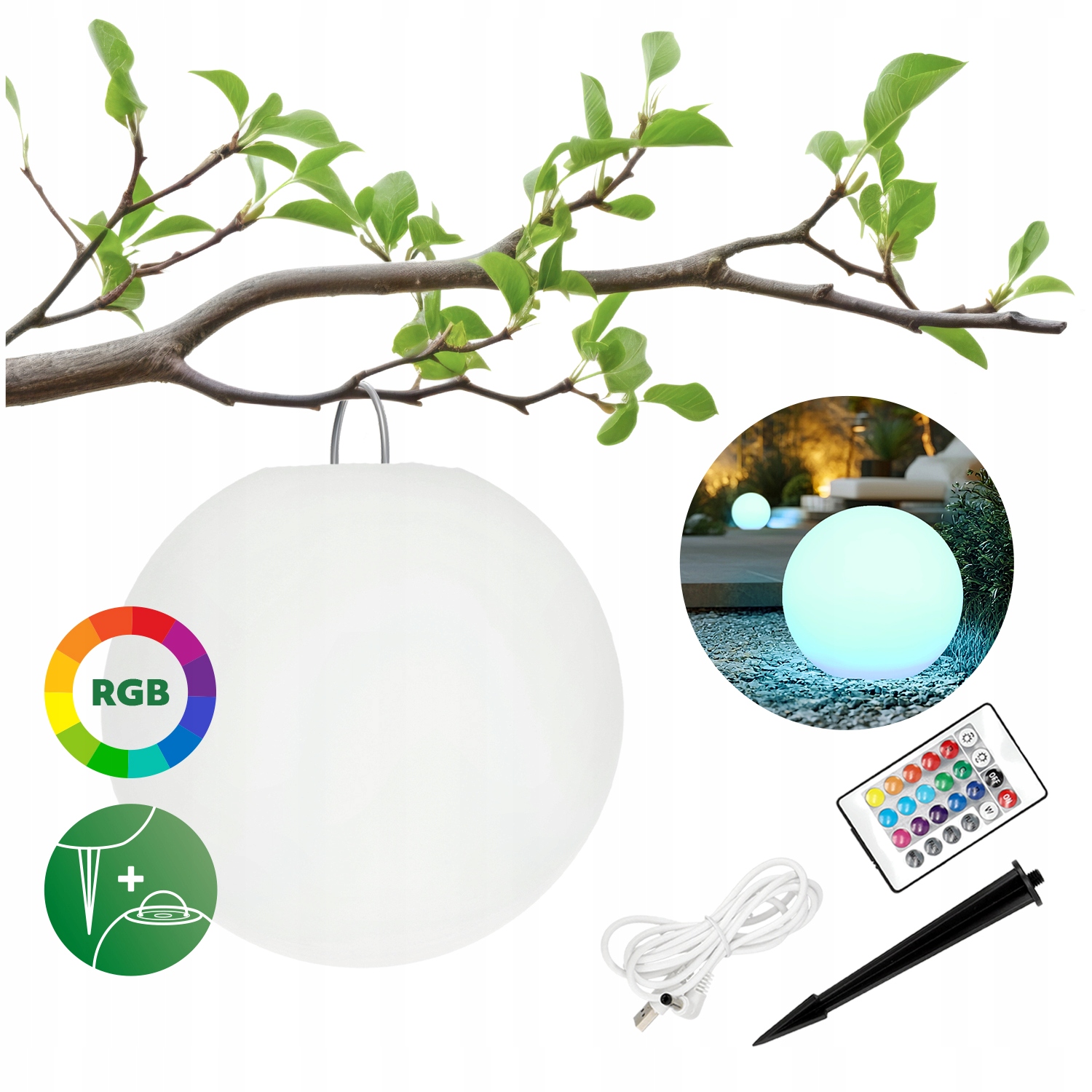 Lampa Solarna Ogrodowa Led Kula RGB+3000K Lampion 30cm Pilot Usb