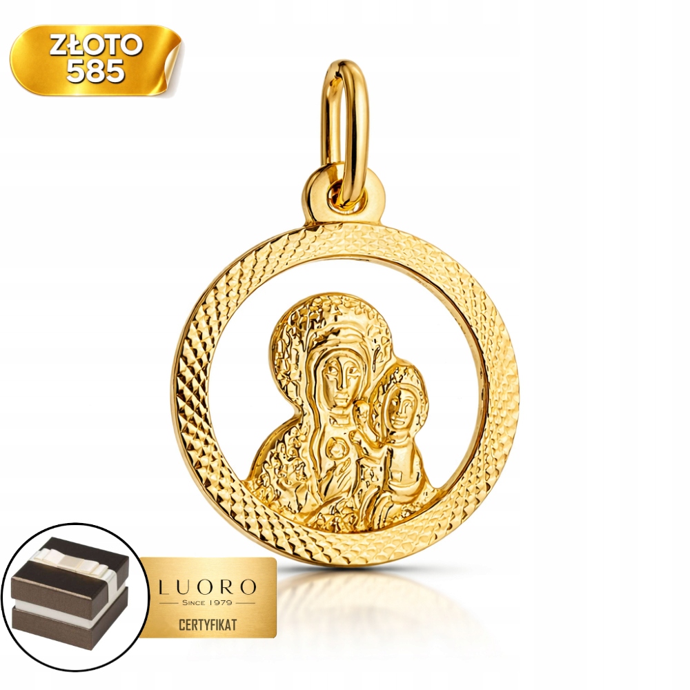 Zlatý Medailonek 585 14K Matka Boží S Dítětem, Diamantové Kolečko 20 MM