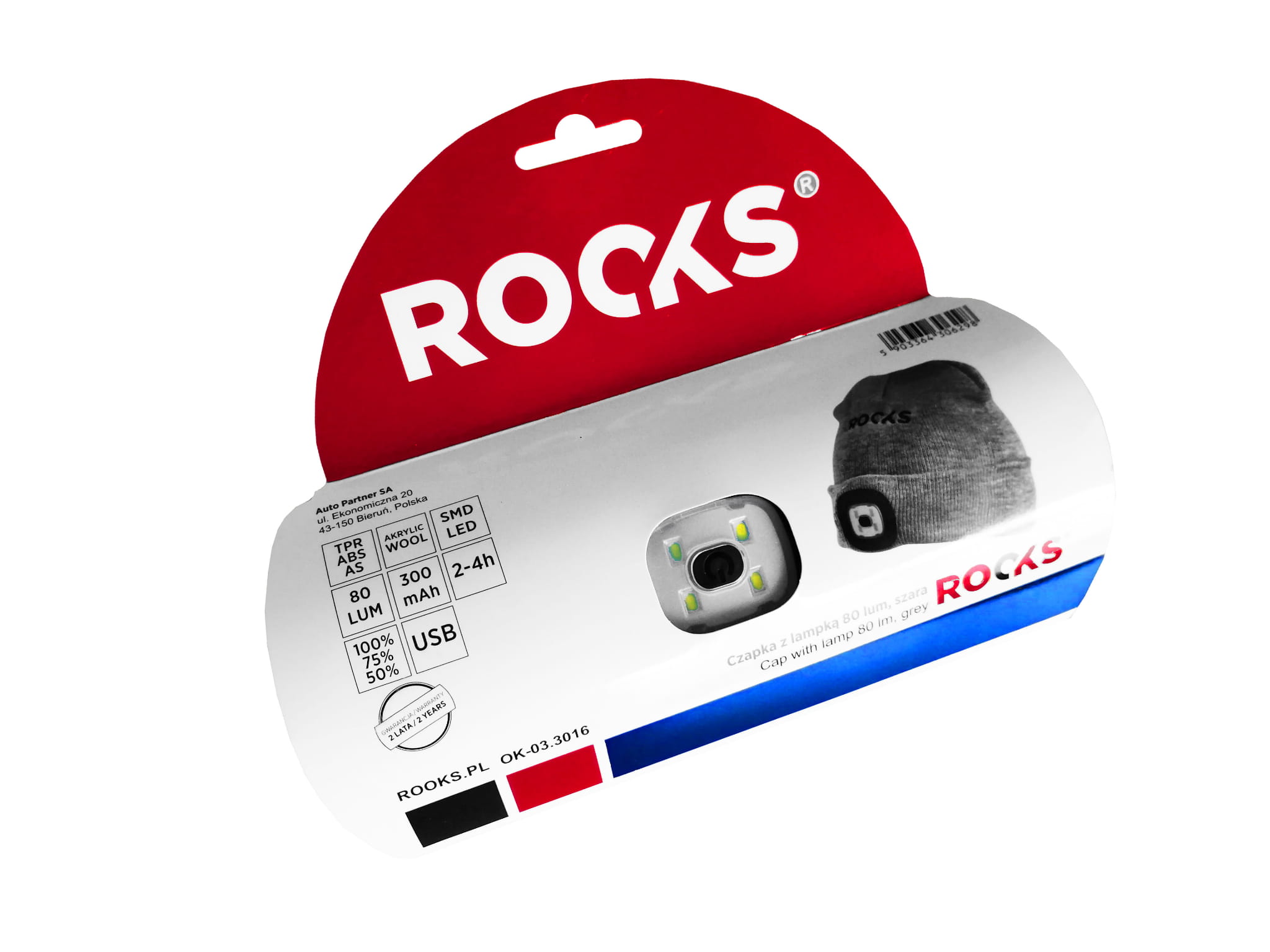 Czapka z lampką czołową o mocy 80 lum led Rooks Kolor dominujący szary