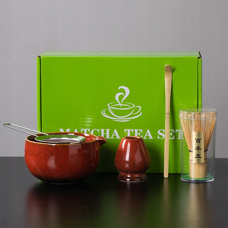 Dárková sada na čaj matcha šálek metla podstavec lžička červená