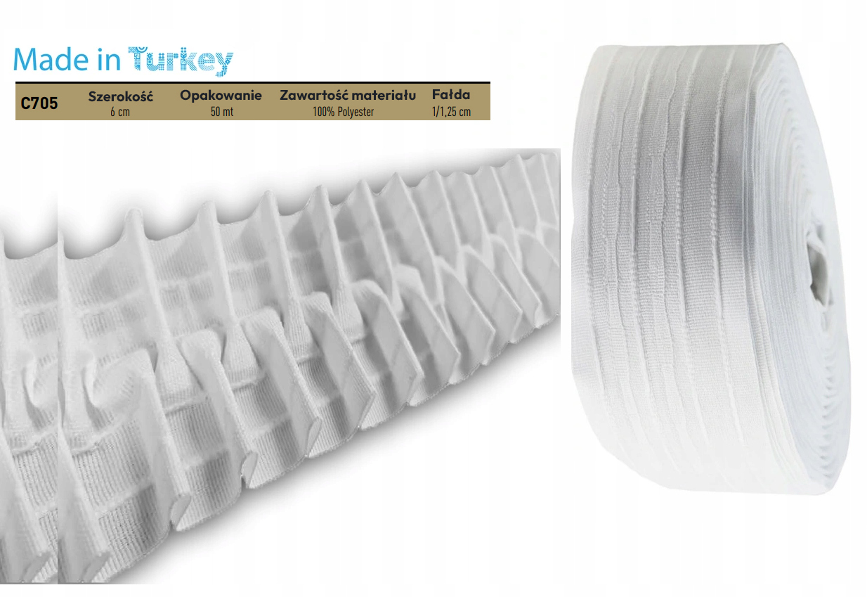 TAŚMA MARSZCZĄCA 6 CM BAWEŁNA SMOK 50 METRÓW ROLKA