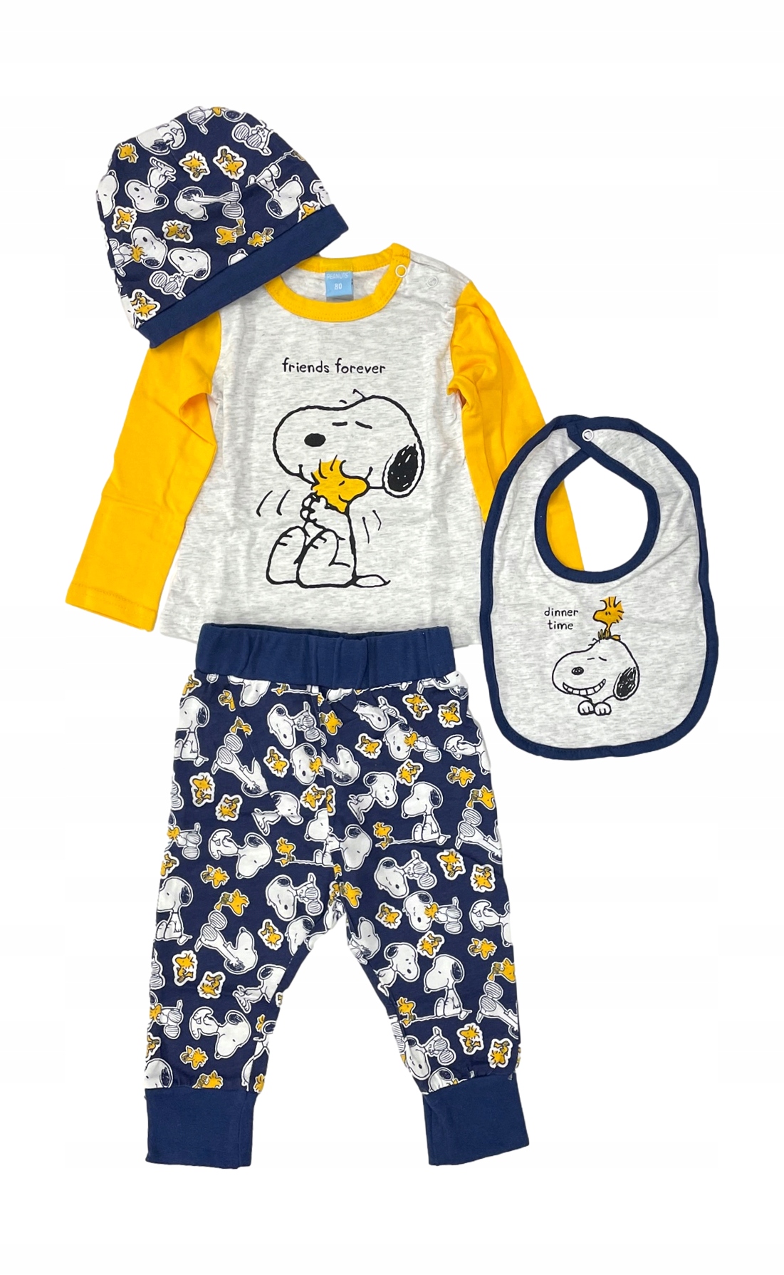 

Snoopy komplet bluzka spodnie czapka śliniak *80