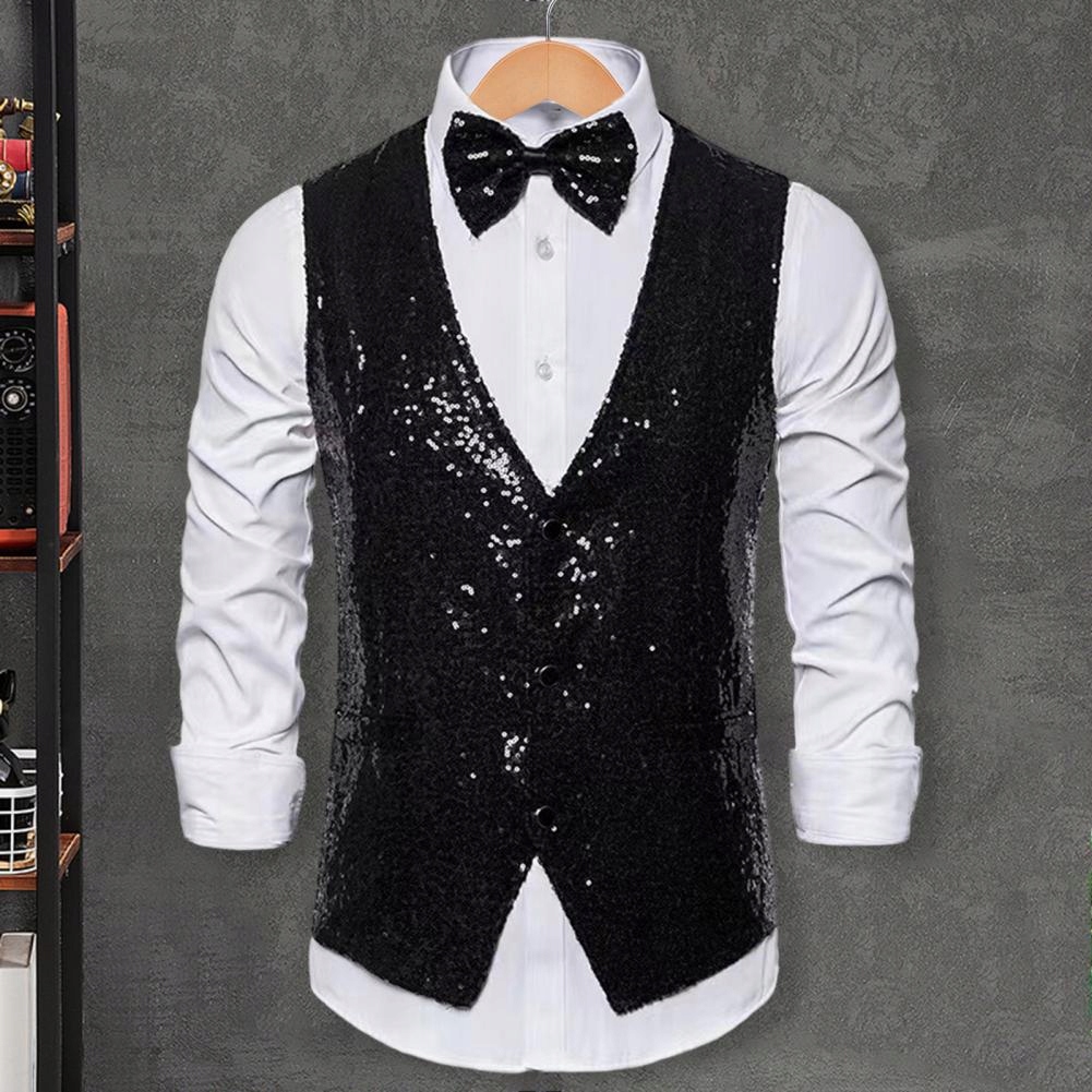 Slim Fit Formal Sequin Vest Men Stage Performance Kolor srebrny