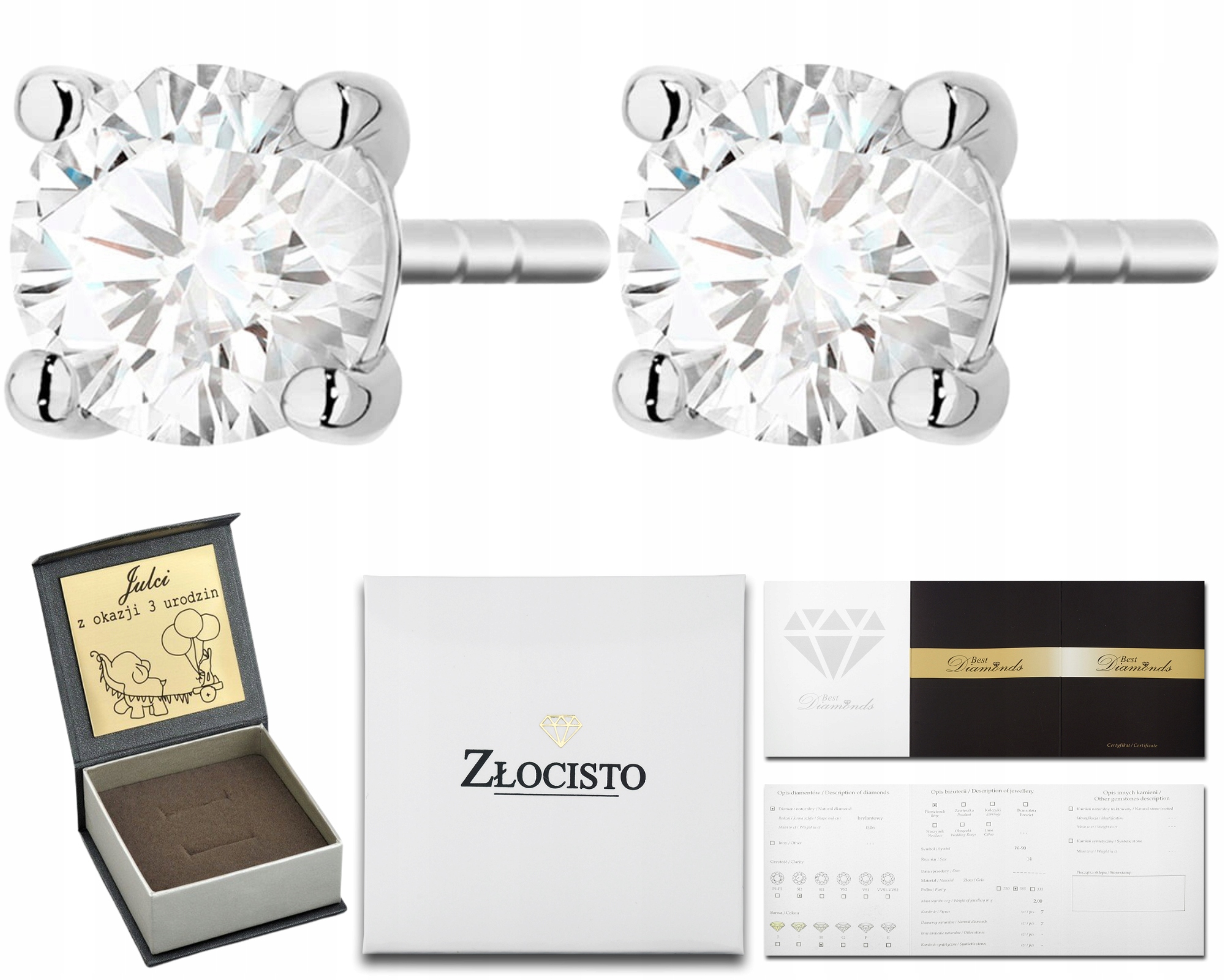 Zlaté Náušnice S Diamanty 0,60 KArátové Bílé Zlato Gravírování Dárek s gravírováním