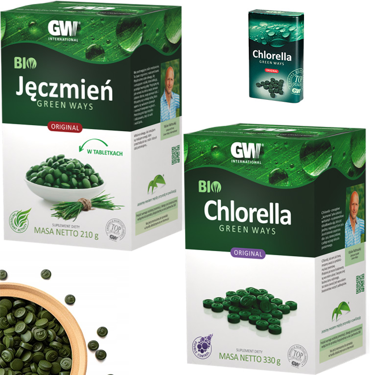 Green Ways Bio Jęczmień 210g 600 tab. Bio Chlorella 330g 1320 tab. pud.
