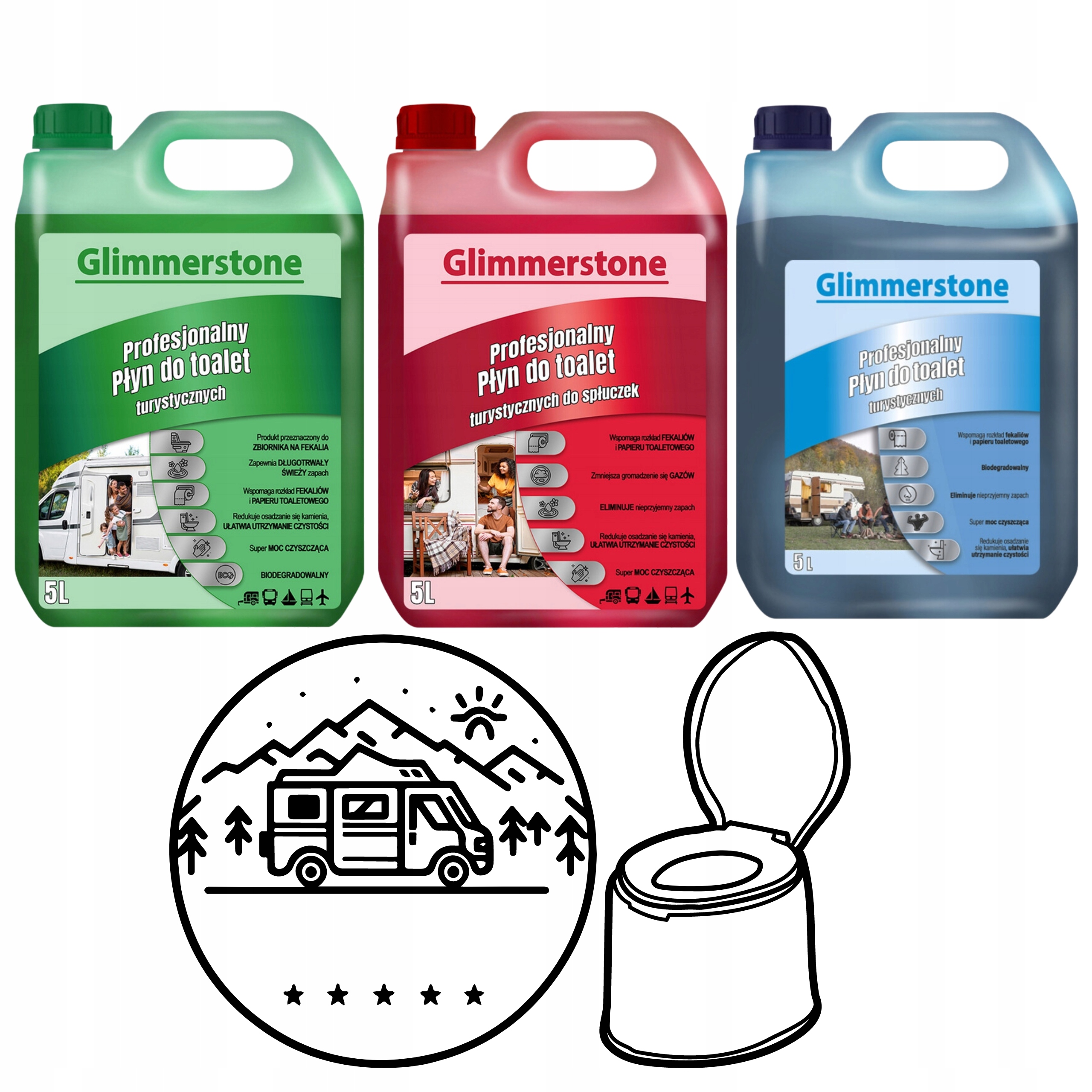 Tekutý koncentrát pro turistické toalety sada 15L Green Blue Red Toi Toi