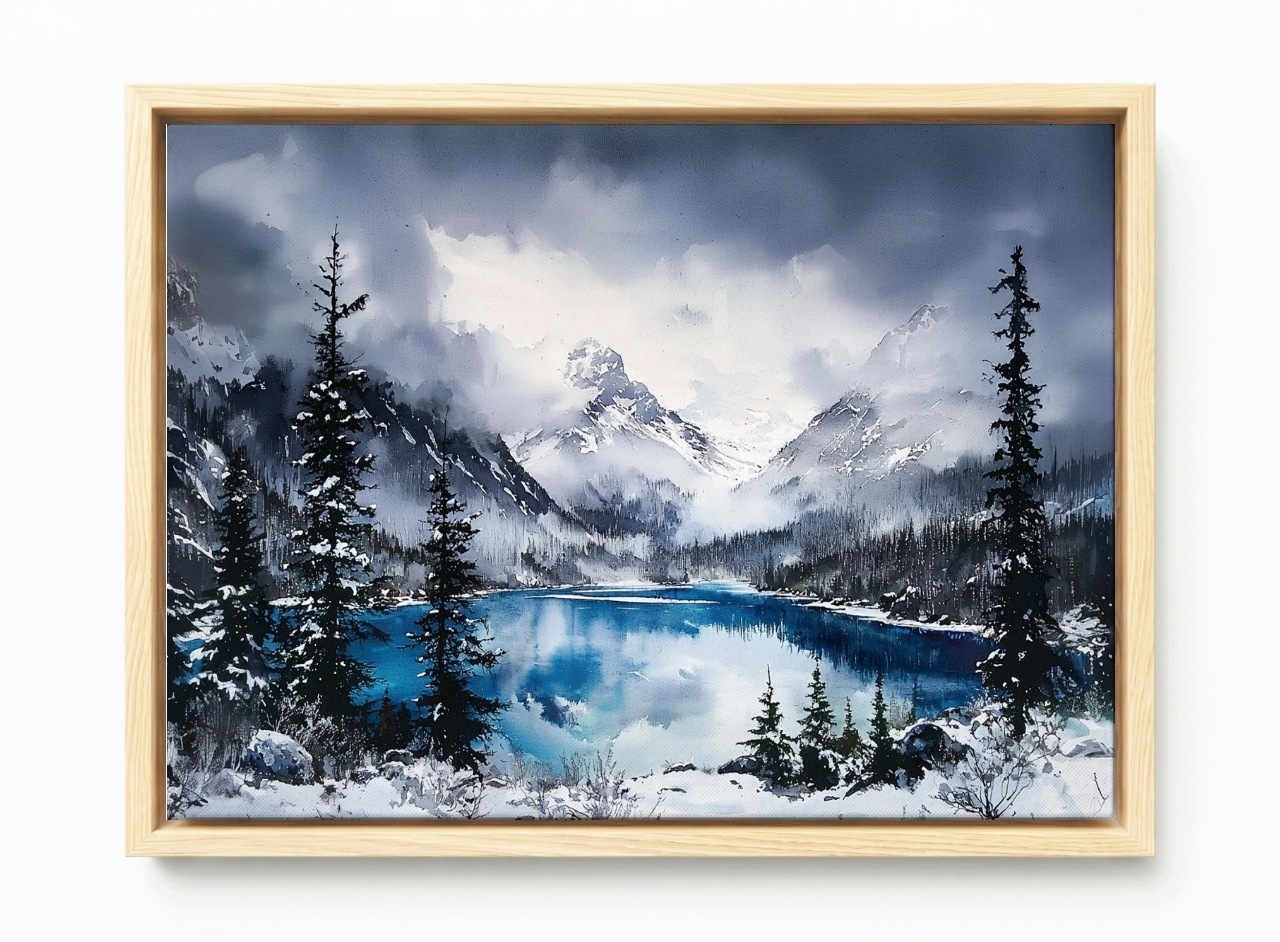 Obraz Rám Americký Box Krajina Hory Vrcholy Jezero Zima Sníh Mlha 60x40