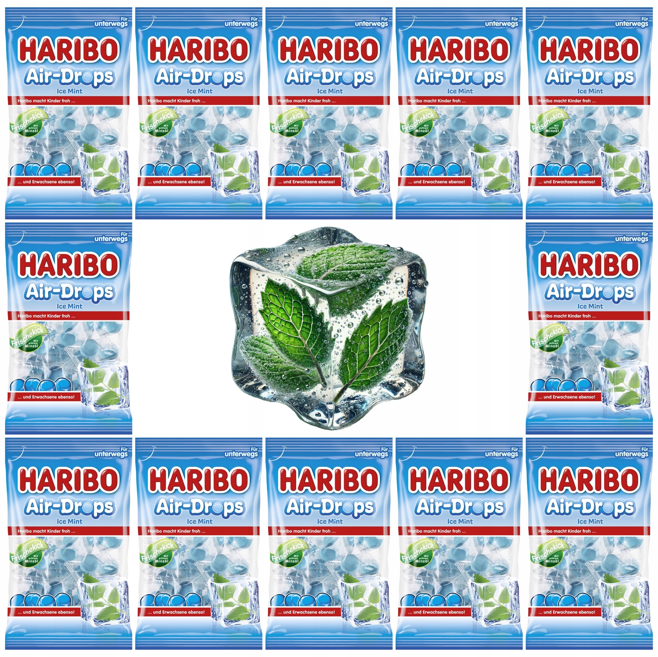 Haribo Cukierki gumowe żelki 12x100g De IceMint Miętowe Mentolowe Air-Drops