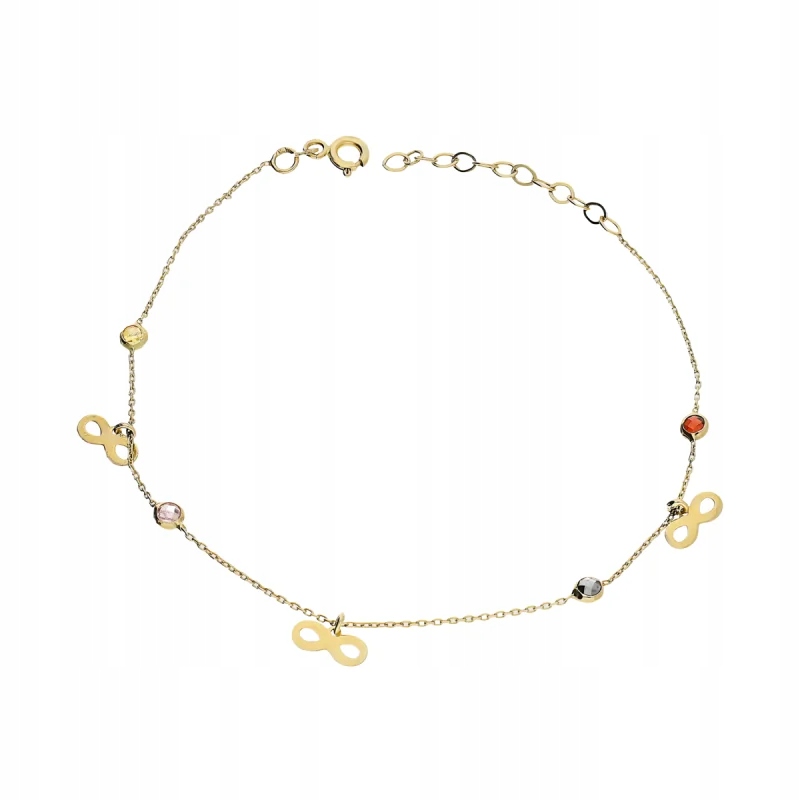 Zlatý náramek 585 s nekonečnem a barevnými zirkony jako dárek 14k