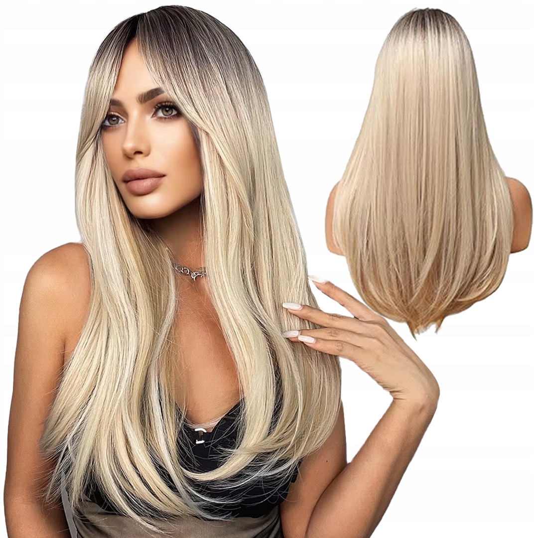 Dlouhé Blond Ombre Vlasy Dámská Paruka Rovná S Syntetickou Ofinou 63 cm