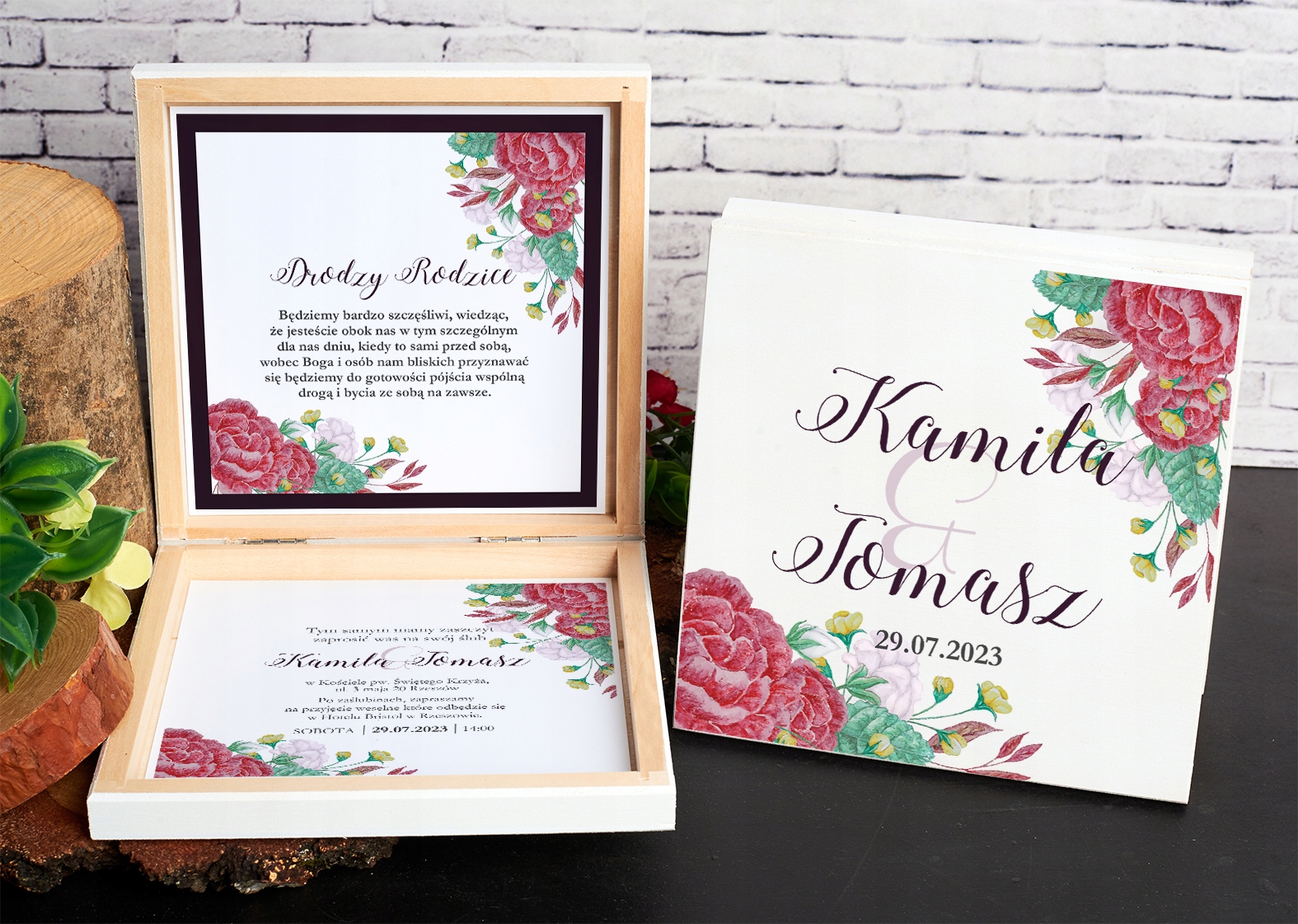 PUDEŁKO DREWNIANE PROŚBA ZAPROSZENIE DLA RODZICÓW NA ŚLUB WESELE BORDOWE Z2 Liczba sztuk 1 szt.