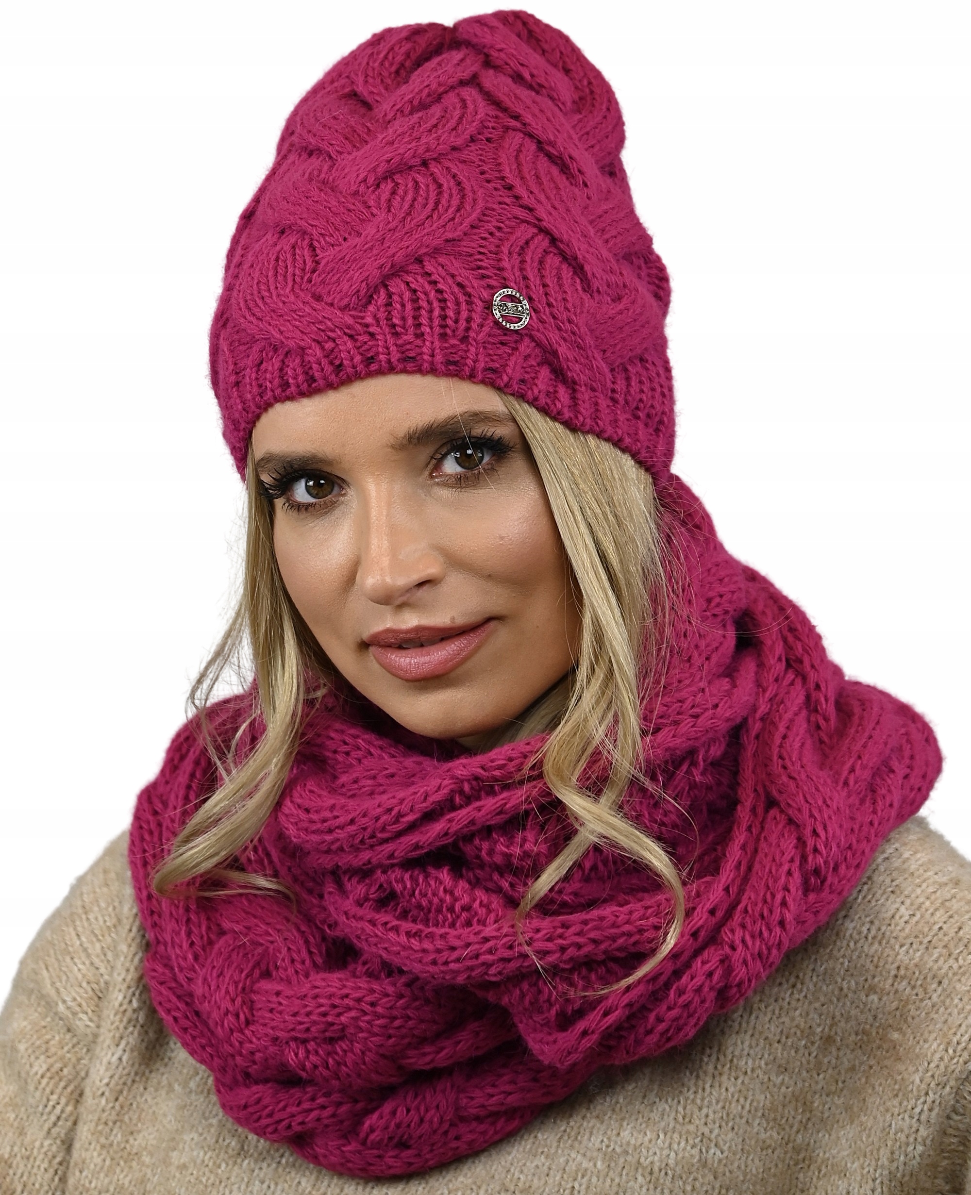 

Damski gruby Komplet Czapka Komin Szal Fuksja K9