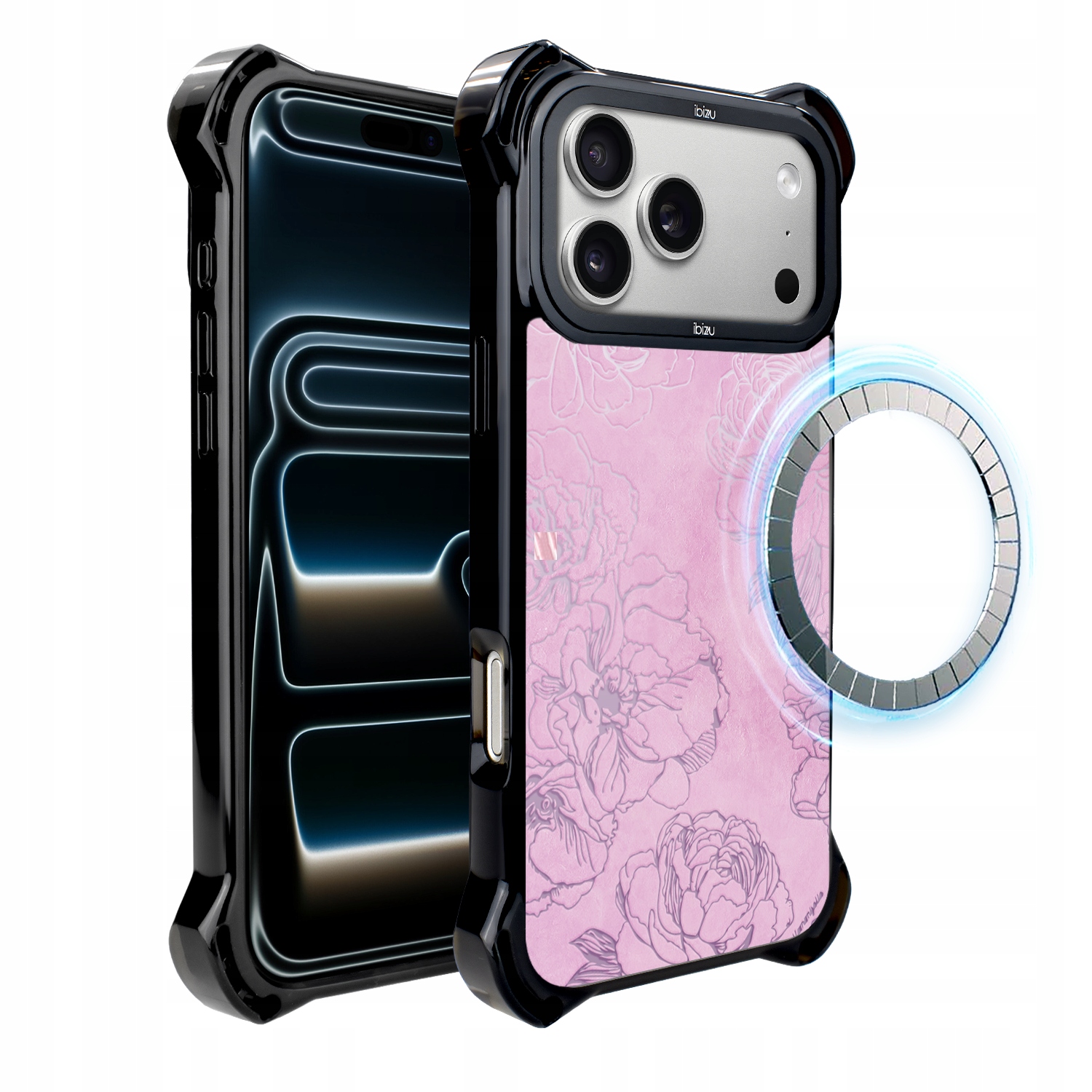 Pouzdro pro iPhone 17 Pro Max Ibizu DropGuard Ultra s MagSafe, růžové pivoňky