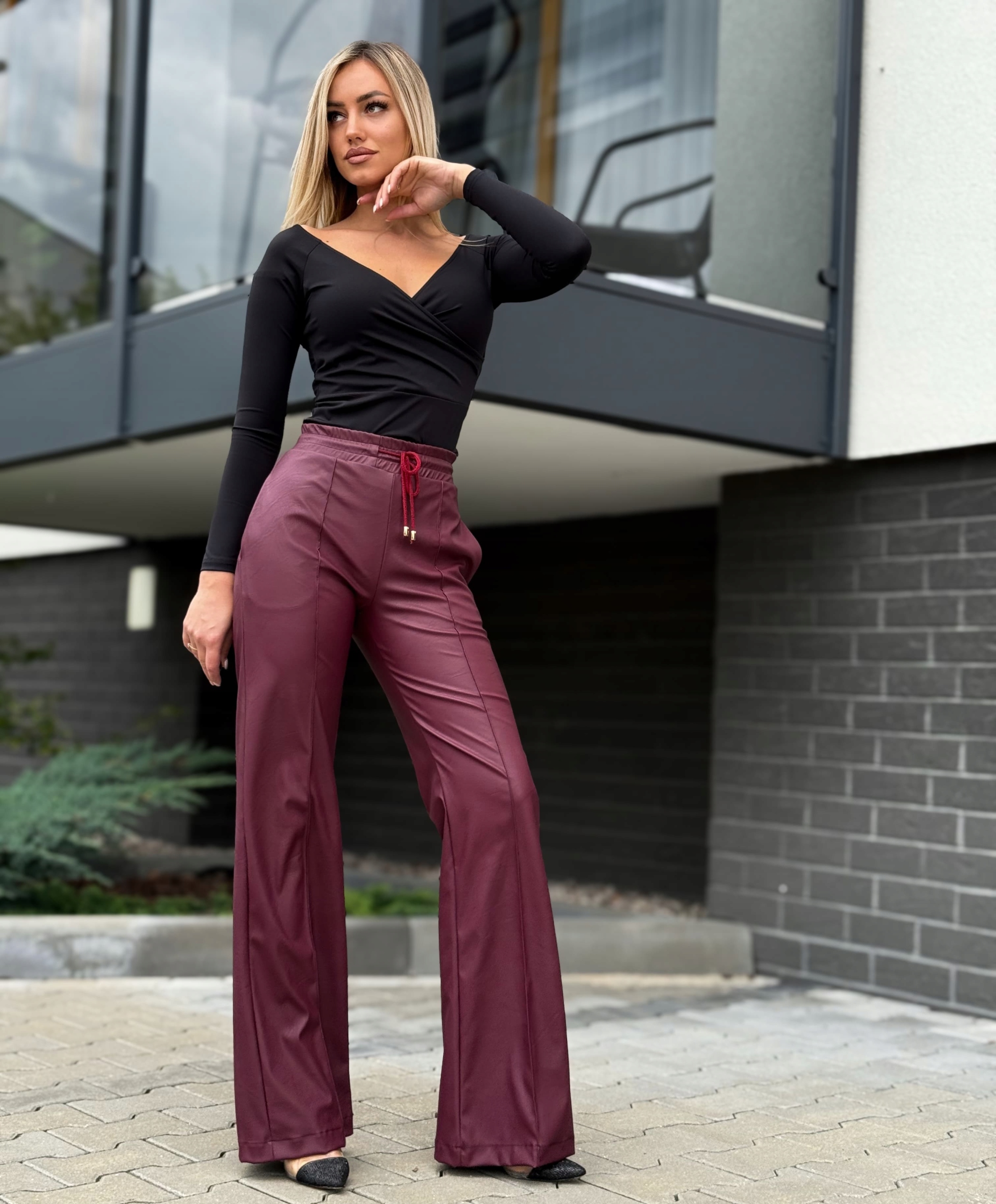 Dámské kalhoty Eko kůže Široké nohavice Wide Leg Kožené Bordo L