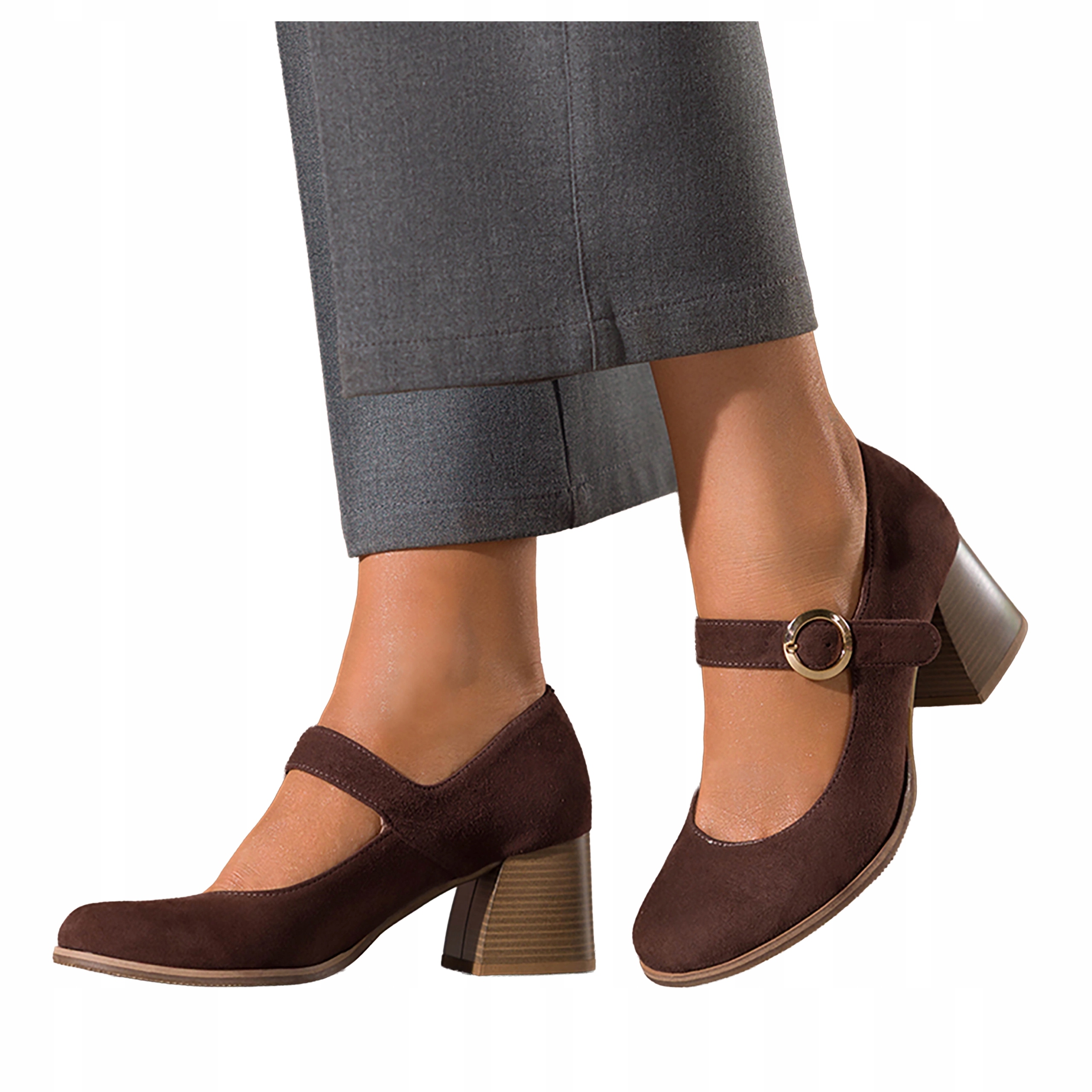 Dámské čokoládové Kožené Polobotky Mary Jane Pásek se Semišovou sponou, velikost 41