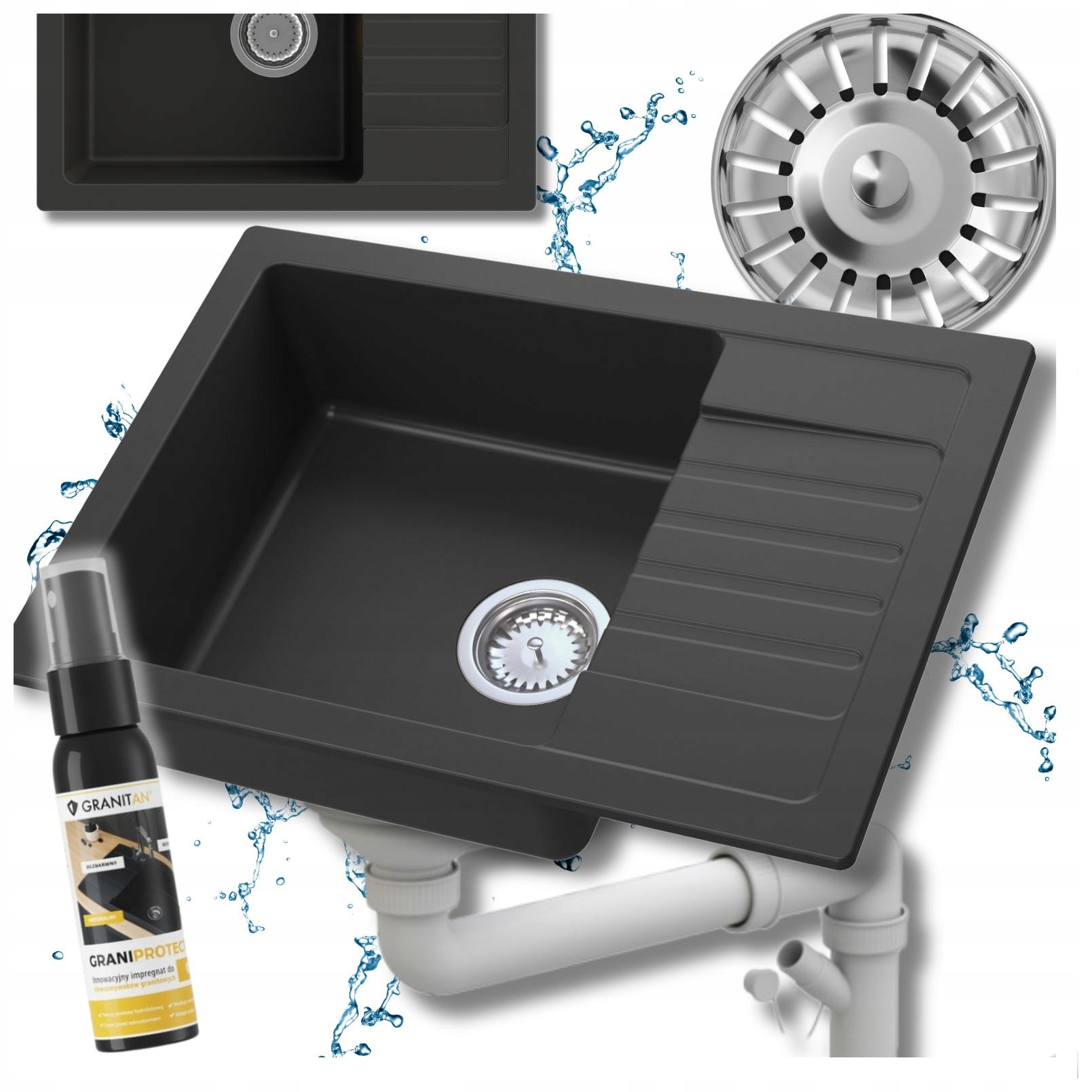 Jednokomorový granitový kuchynský drez s odkvapkávačom, umývadlo Argos, sifón