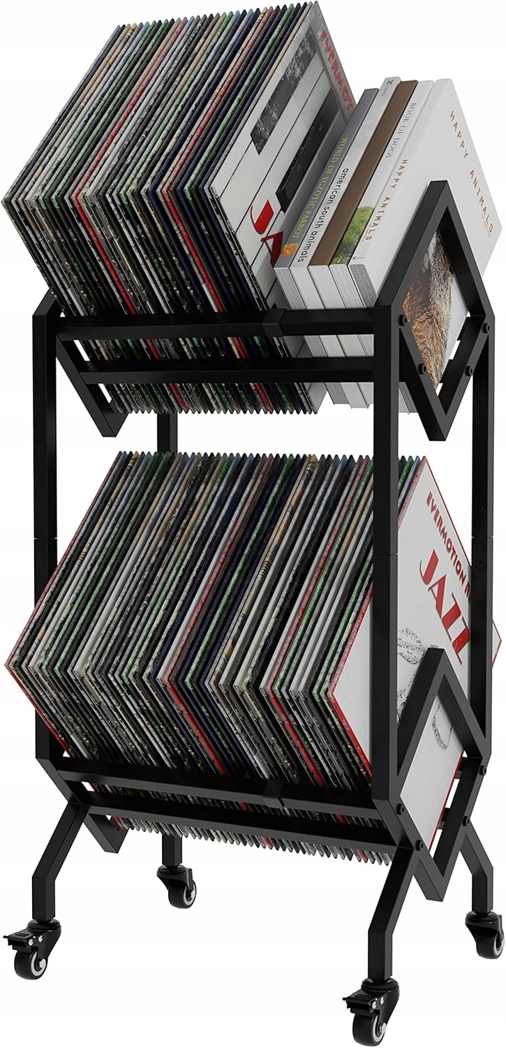 Stojan Vedecasa na vinylové platne s kolieskami, kovový regál, 2 úrovne