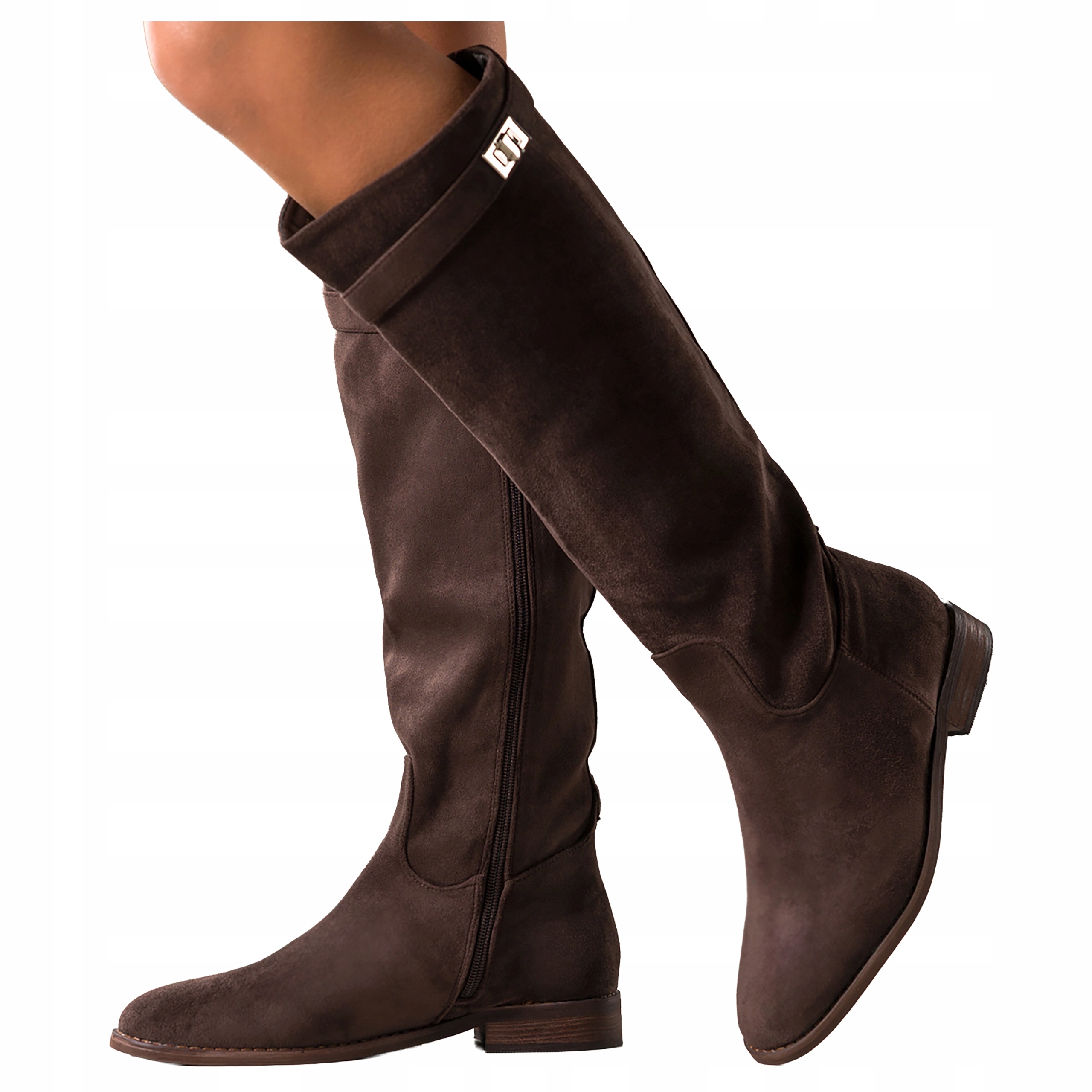 Dámské čokoládové kozačky před kolenem Pásek s ozdobou Nízký Podpatek vel. 38