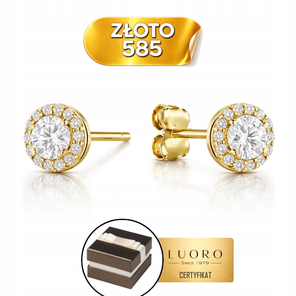 Náušnice Zlaté 585 14K Kolečka Zirkony Centrální Kámen Tyčinka 6,5 MM