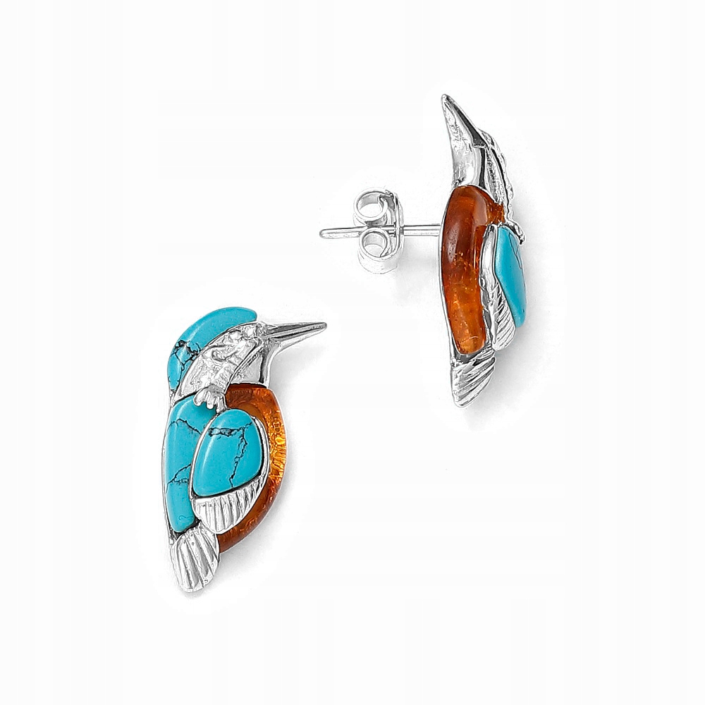Náušnice s ptákem ledňáčkem, jantarem a tyrkysem, Stříbro puzety 925