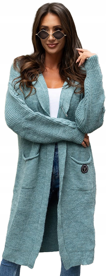 Kardigan Svetr Přehoz Teplý Dlouhý Měkký s kapucí Copánek vel 44