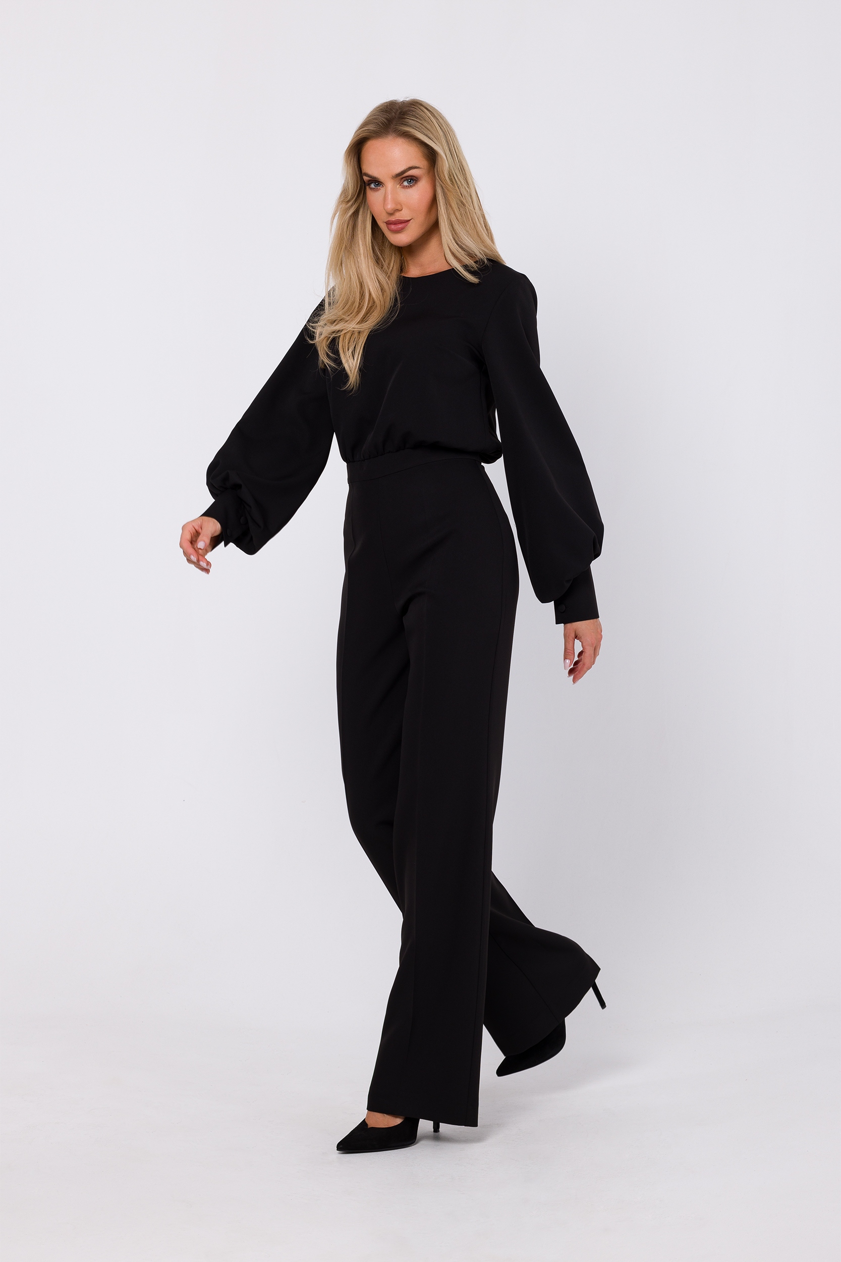 KOMBINEZON DAMSKI ELEGANCKI KOBIECY LUŹNY DŁUGI RĘKAW GŁADKI CZARNY 42 XL Kolor czarny