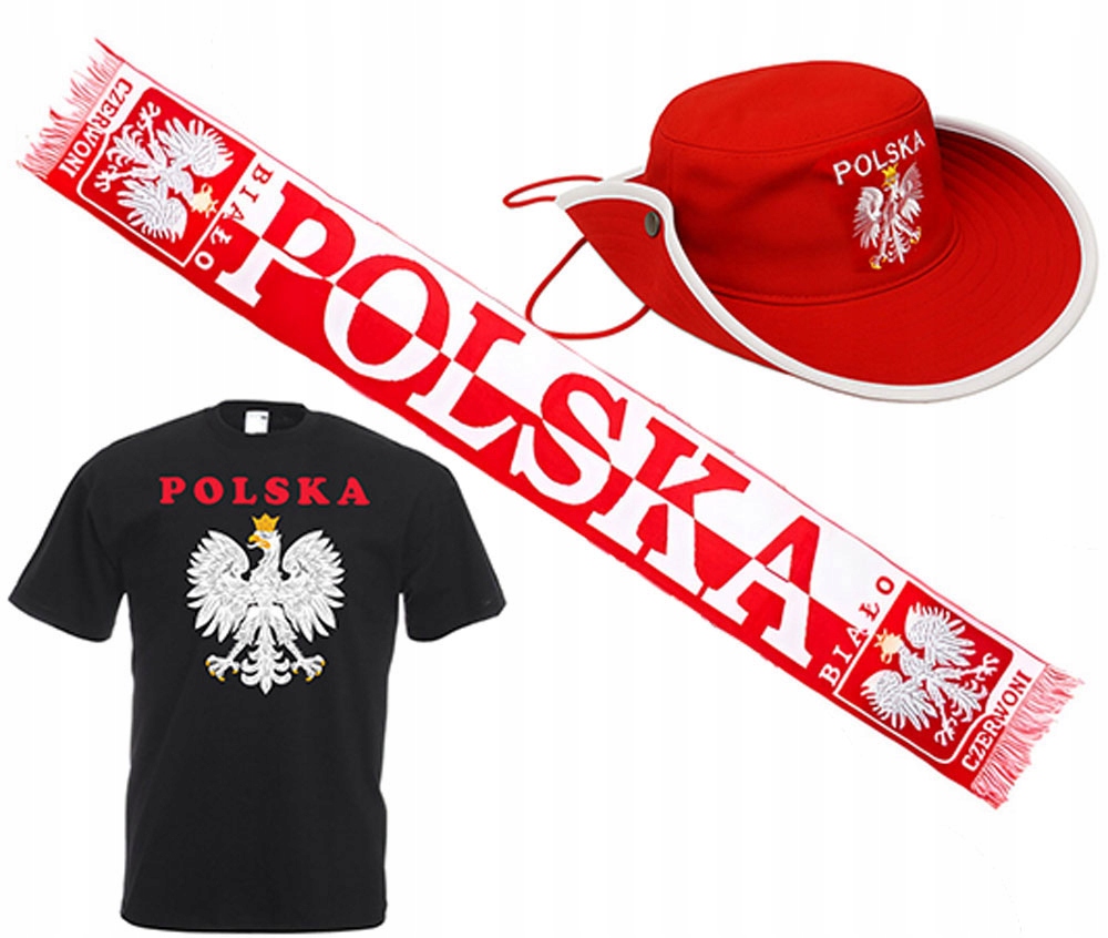 ZESTAW DLA KIBICA POLSKI KOSZULKA +SZALIK + CZAPKA GODŁO FLAGA