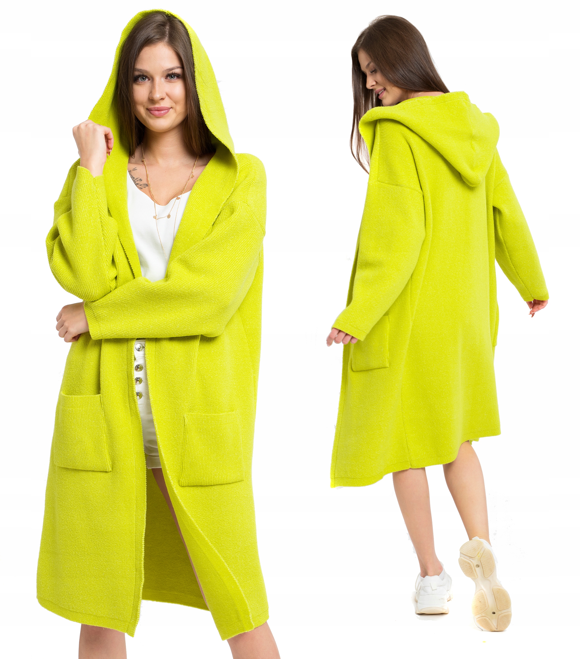 

Domi Sweter Kardigan Płaszcz Oversize Kaptur Long
