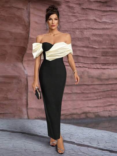 Shein Elegantní Šaty S Odhalenými Rameny A Volánem M 1LA