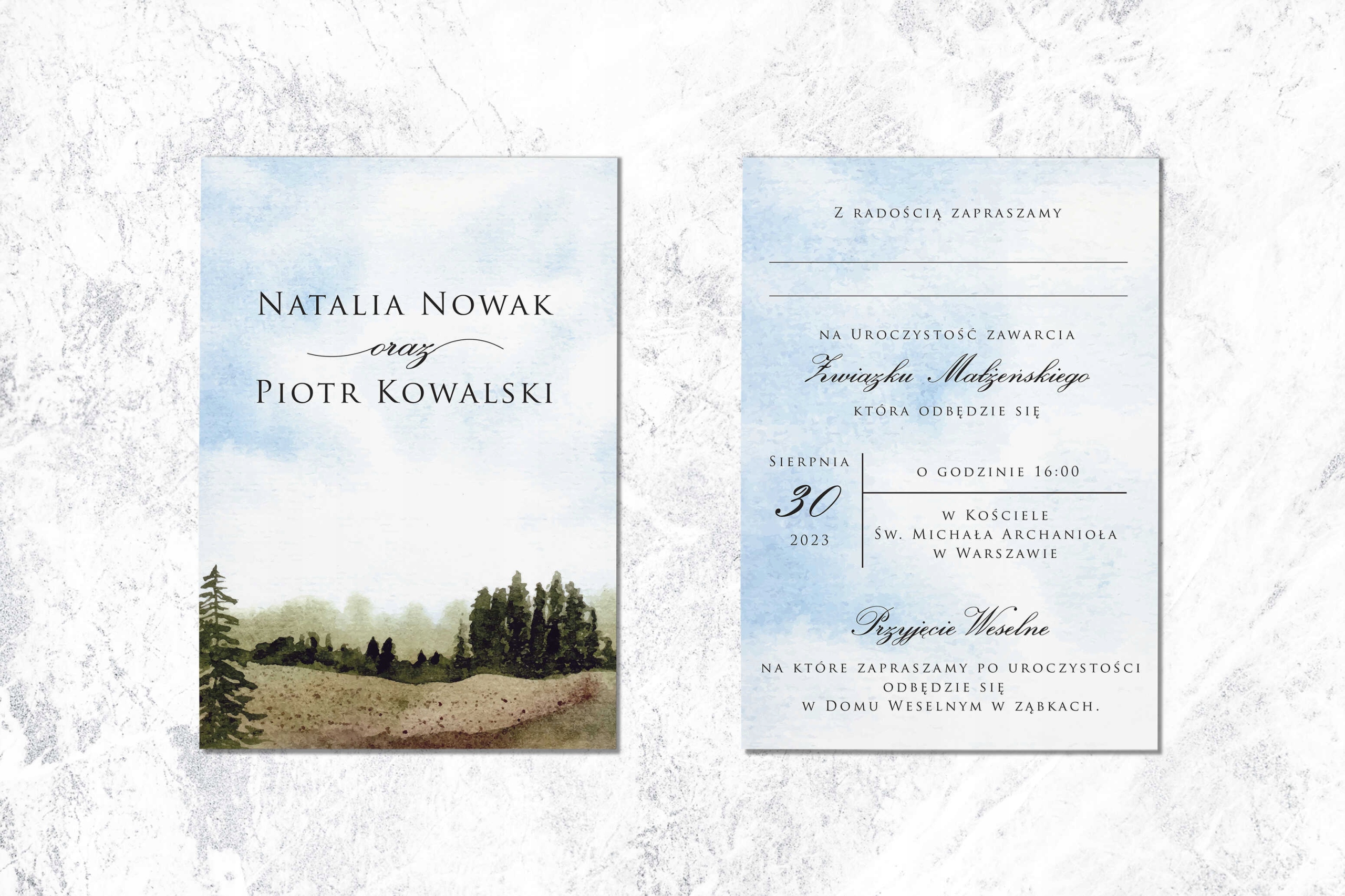 Zaproszenia ślubne - góry, lasy - papier len