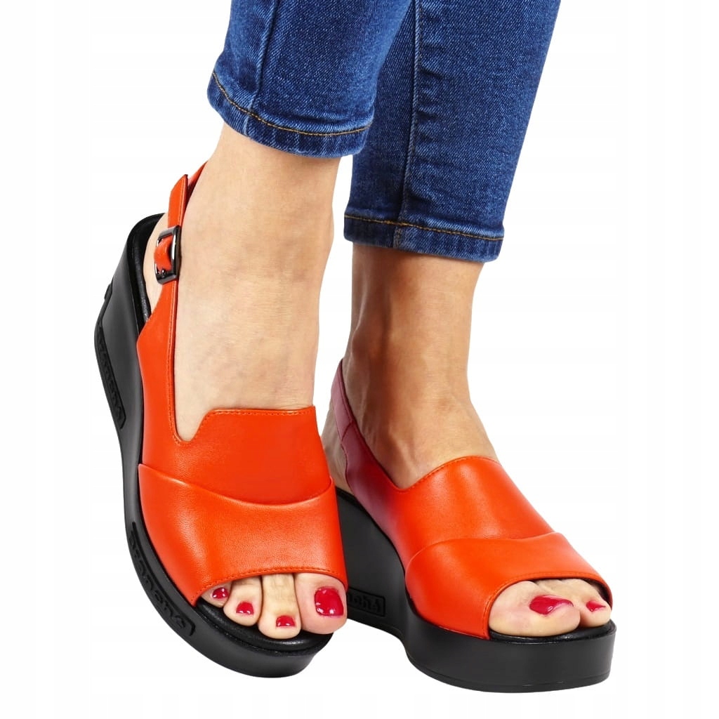 Dámské Sandály Na Klínku A Podpatku, Červené, Lícované, Pohodlné Boty