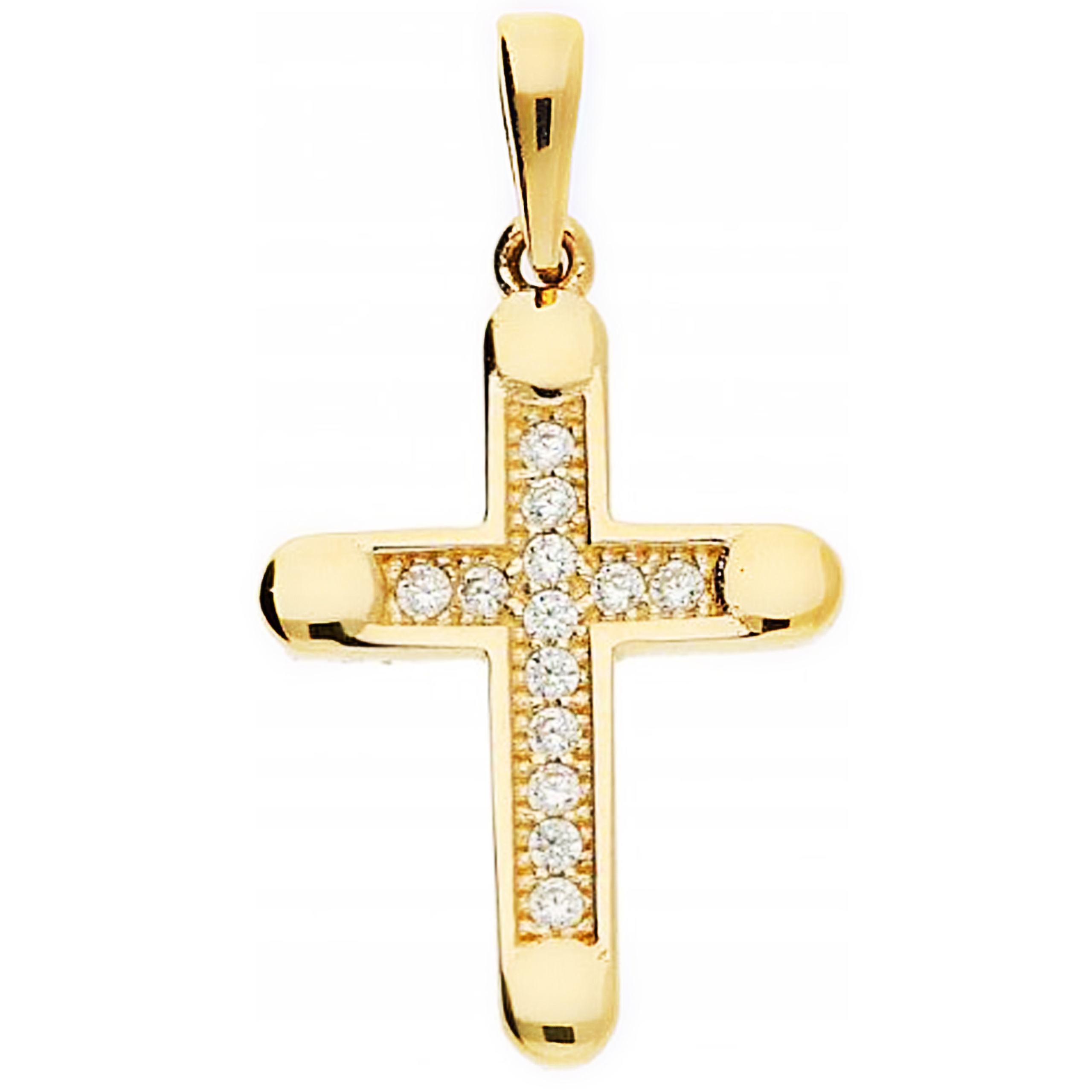 Zlatý přívěsek 585 jemný módní křížek osázený zirkony dárek
