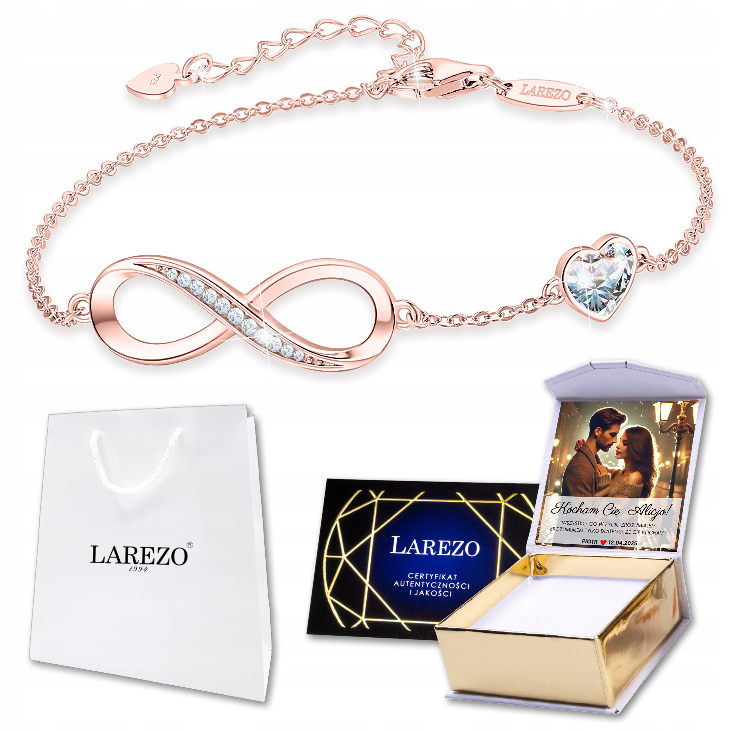 Pozlacený náramek 925 Srdíčko s bílým srdcem Nekonečno Potisk