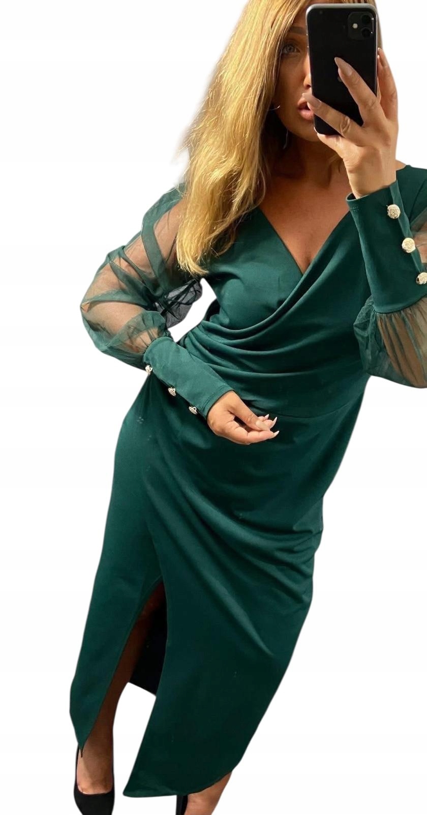V653 Elegantní Šaty Maxi S Tylovým Rukávem Zelená vel. 46 (3XL)