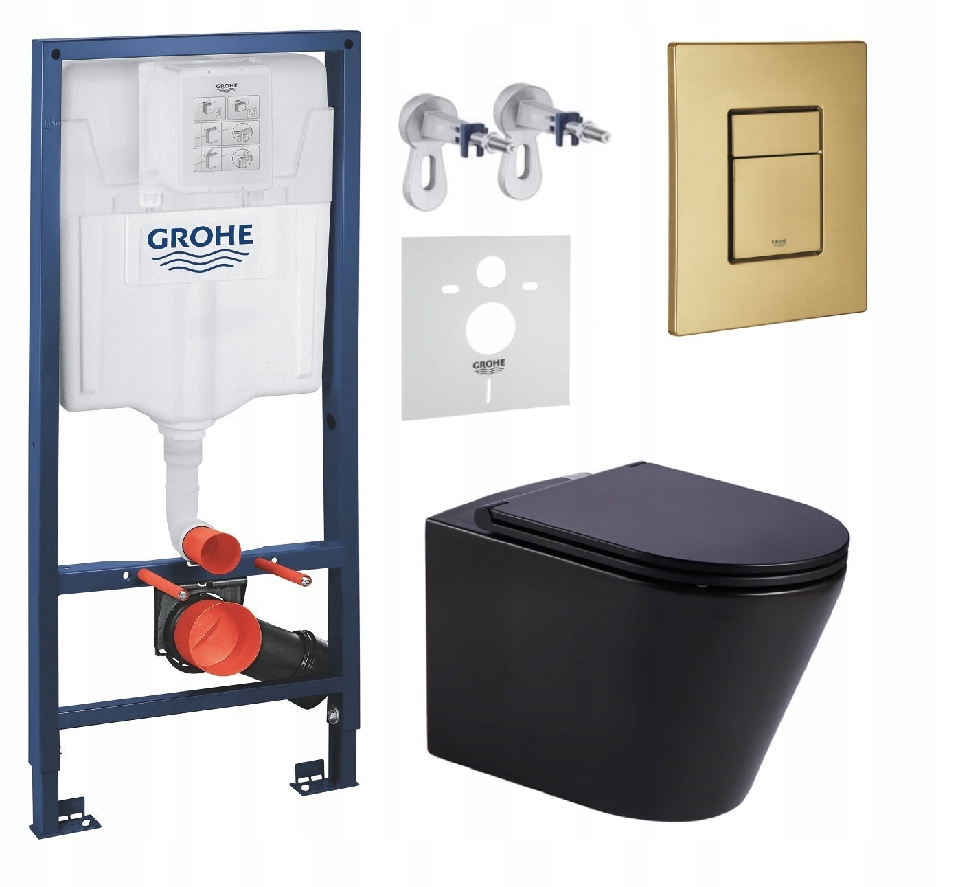 Podomietkový Wc set Grohe s miskou Jess čierny s tlačidlom zlatý kartáčovaný