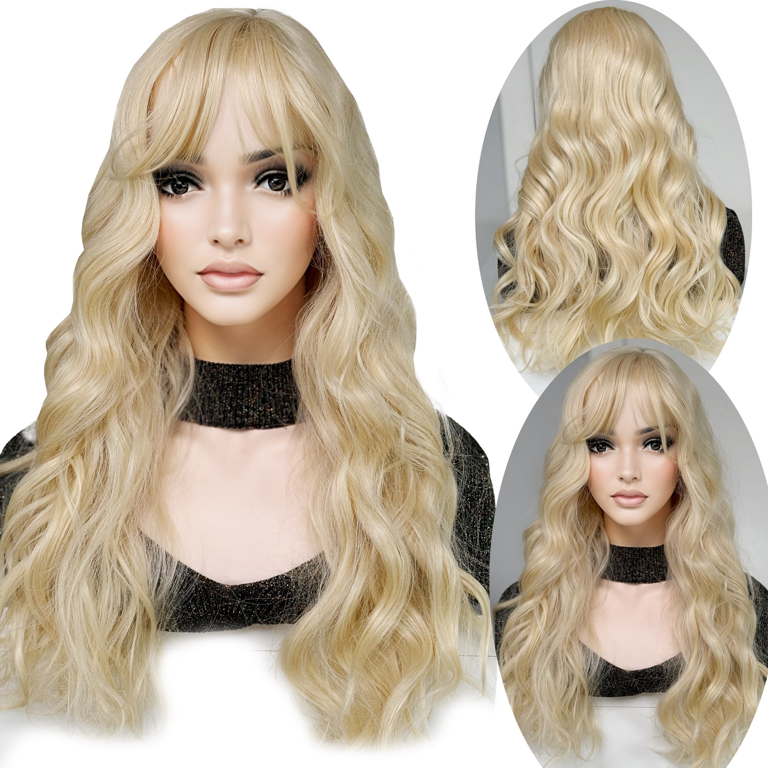 Syntetická paruka jako přírodní vlnitá Dlouhá Světlá Blond S Ofinou